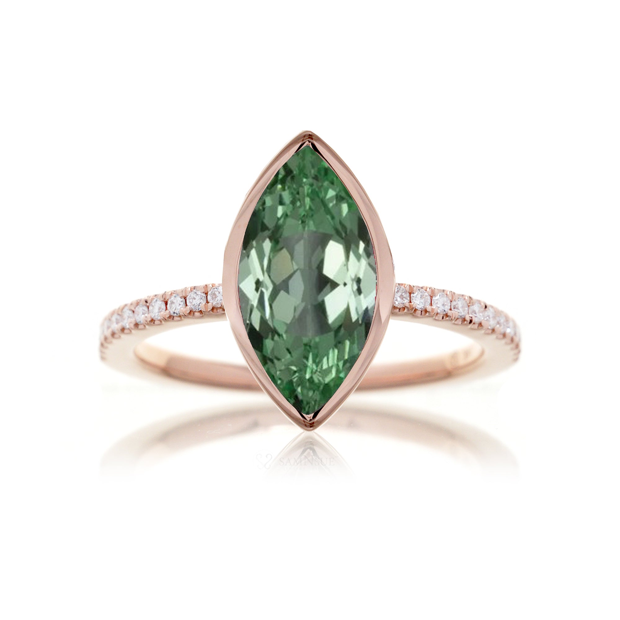 Marquise cut green sapphire bezel solitaire engagement ring rose gold