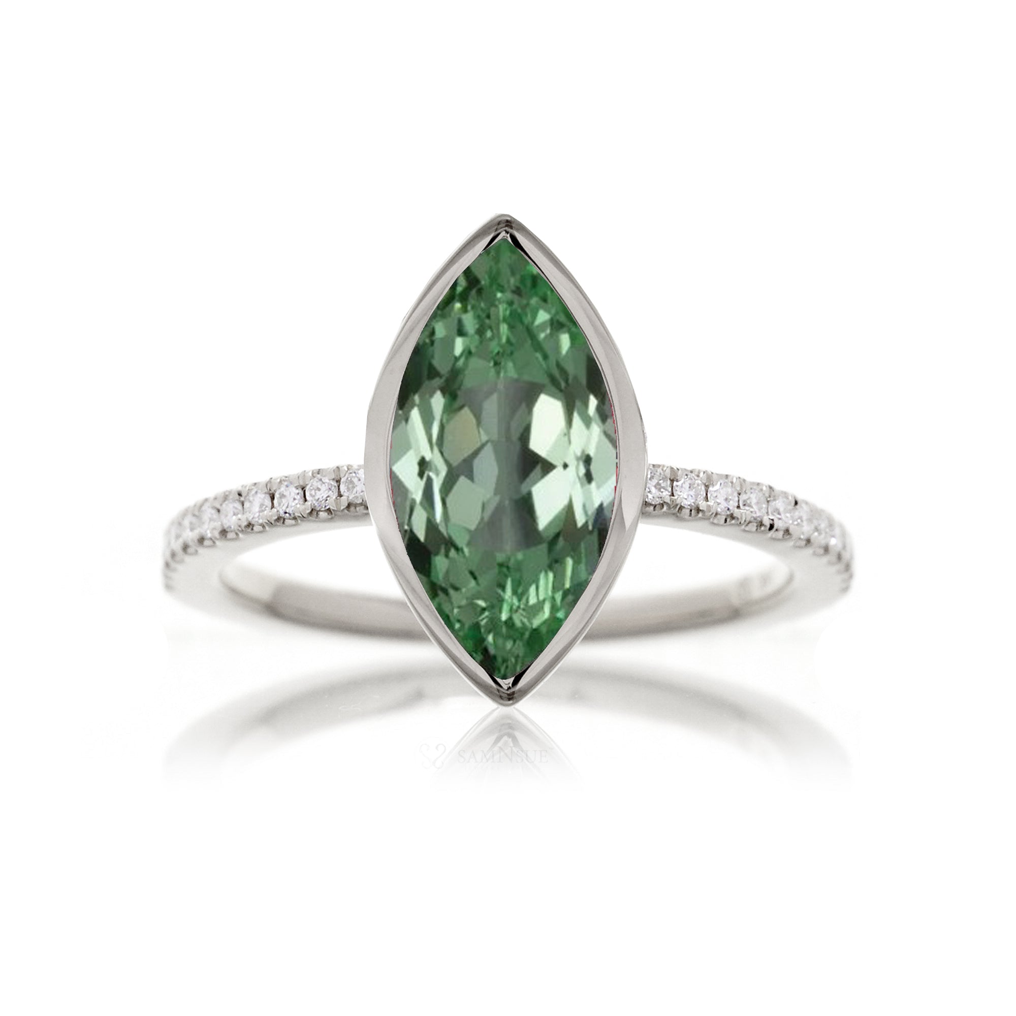 Marquise cut green sapphire bezel solitaire engagement ring white gold