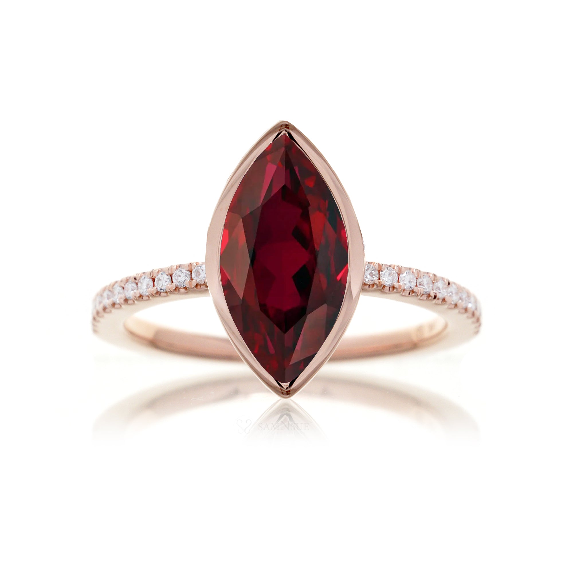 Marquise ruby bezel set diamond engagement ring The Beverly rose gold