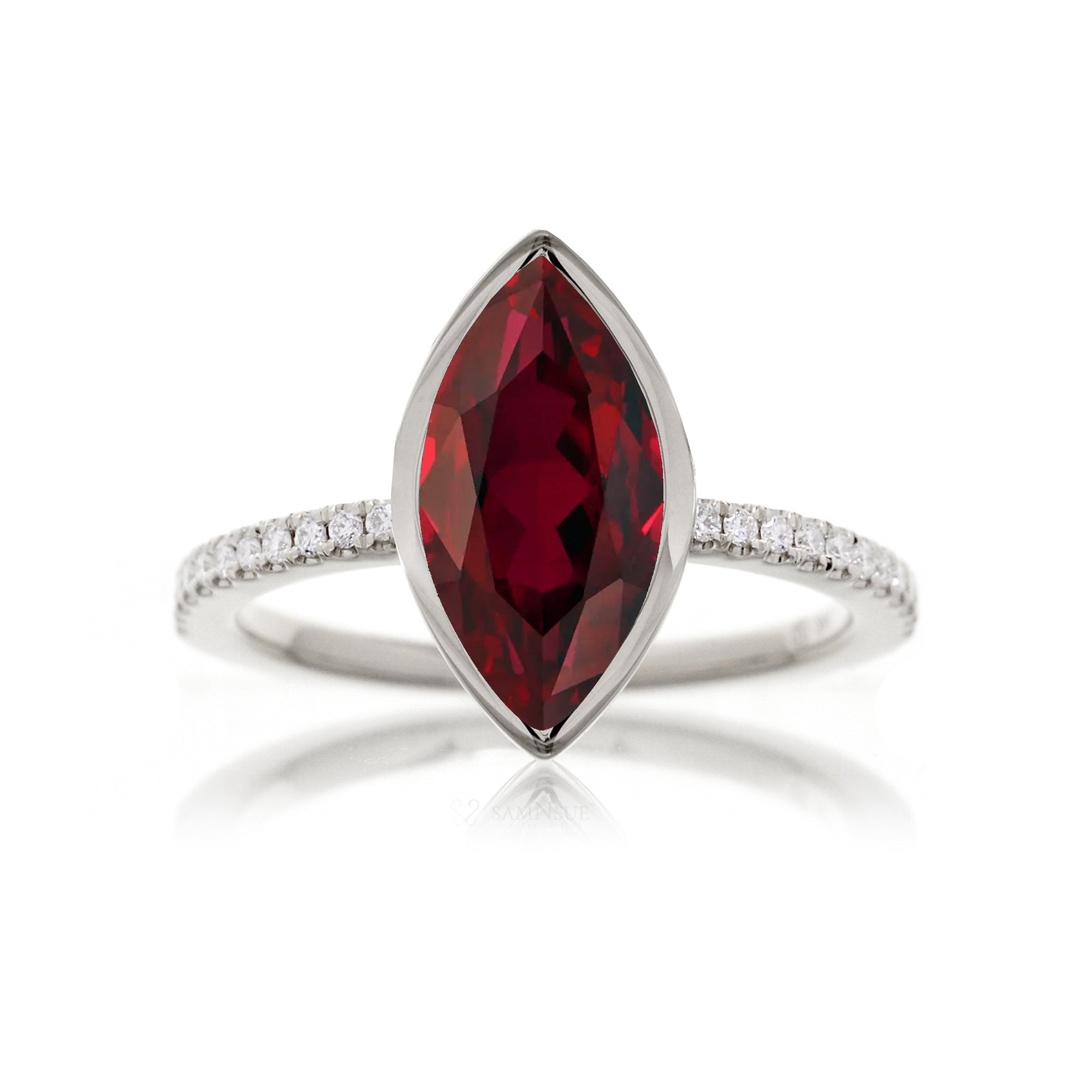 Marquise ruby bezel set diamond engagement ring The Beverly white gold