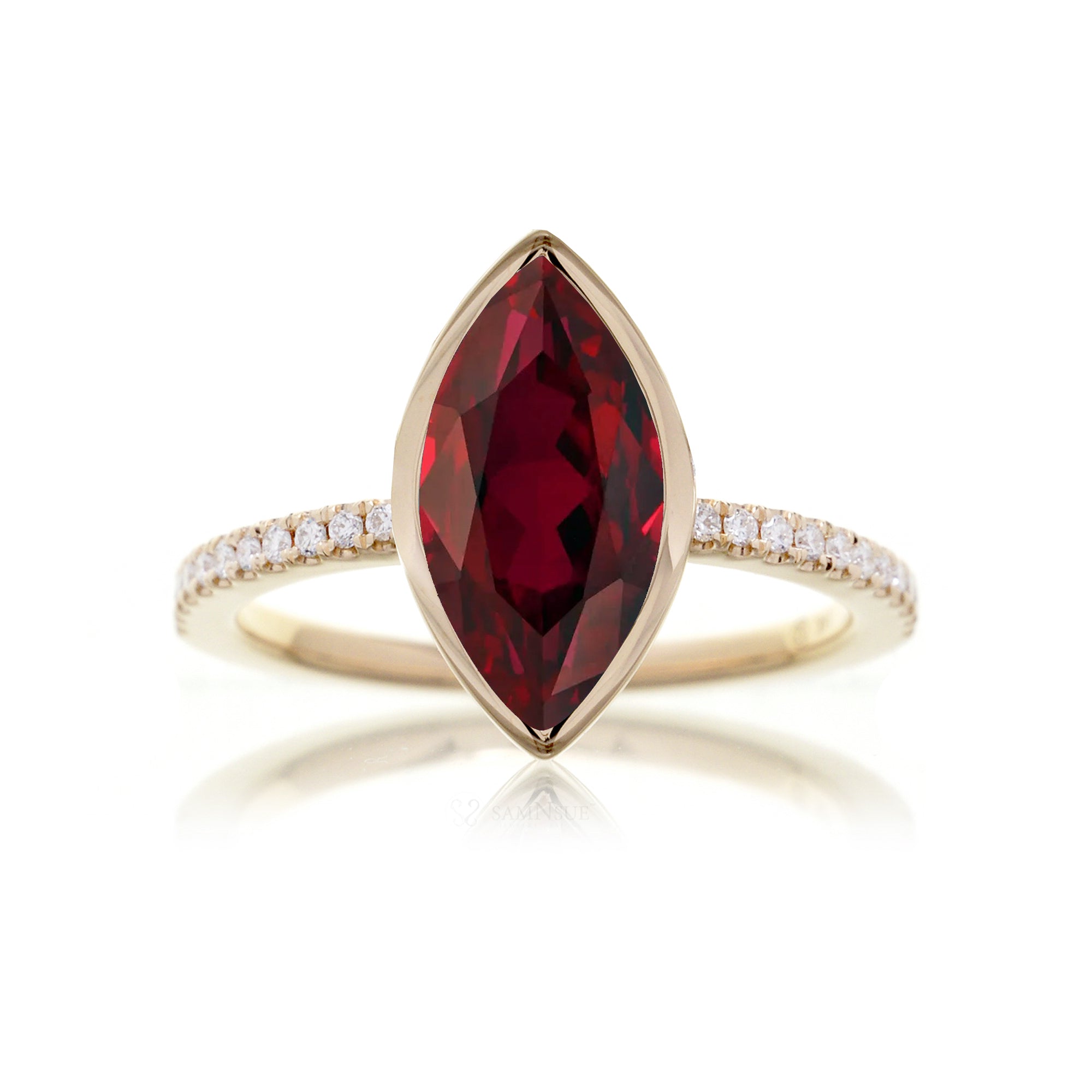 Marquise ruby bezel set diamond engagement ring The Beverly yellow gold