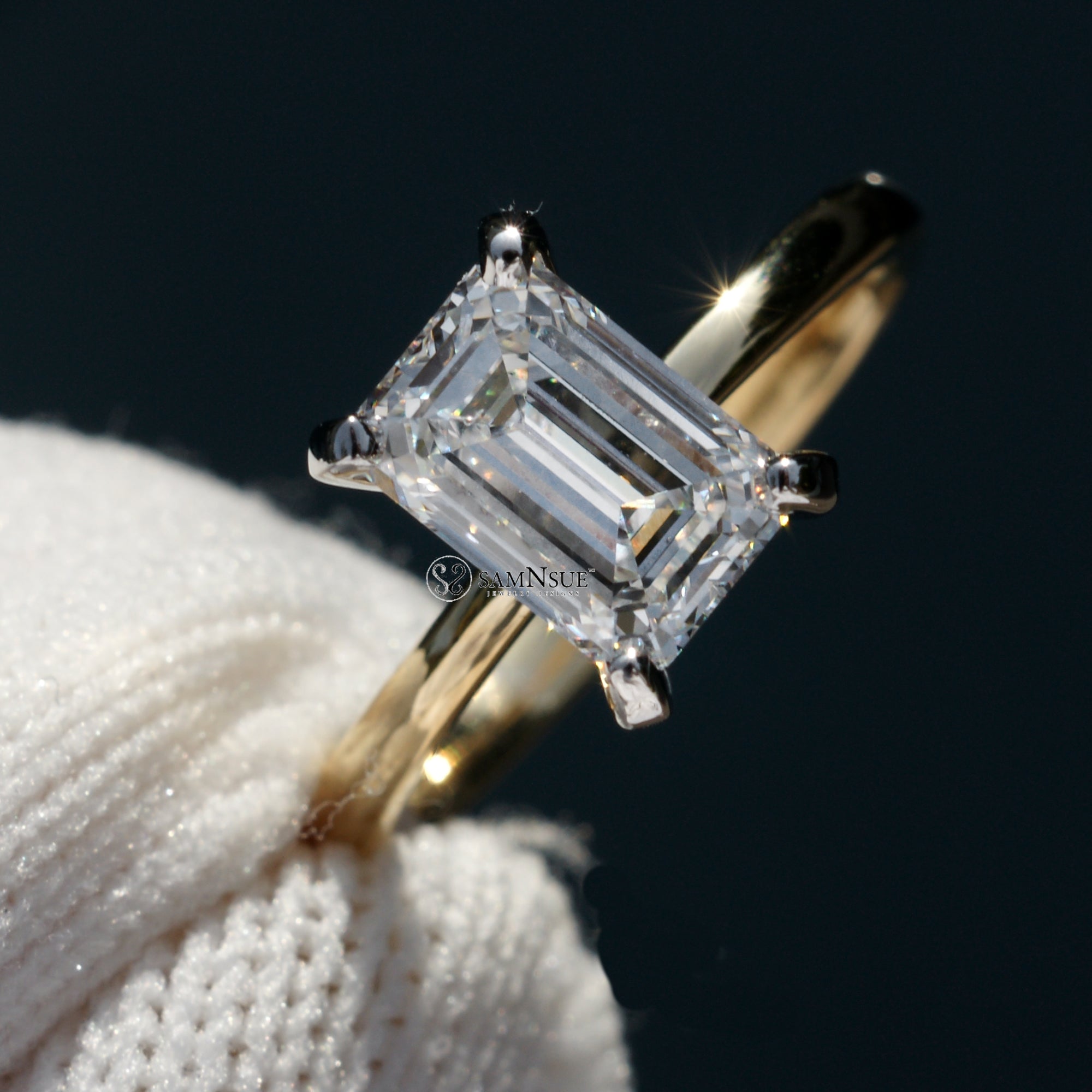 Two tone emerald cut diamond solitaire engagement ring yellow gold 1.5ct