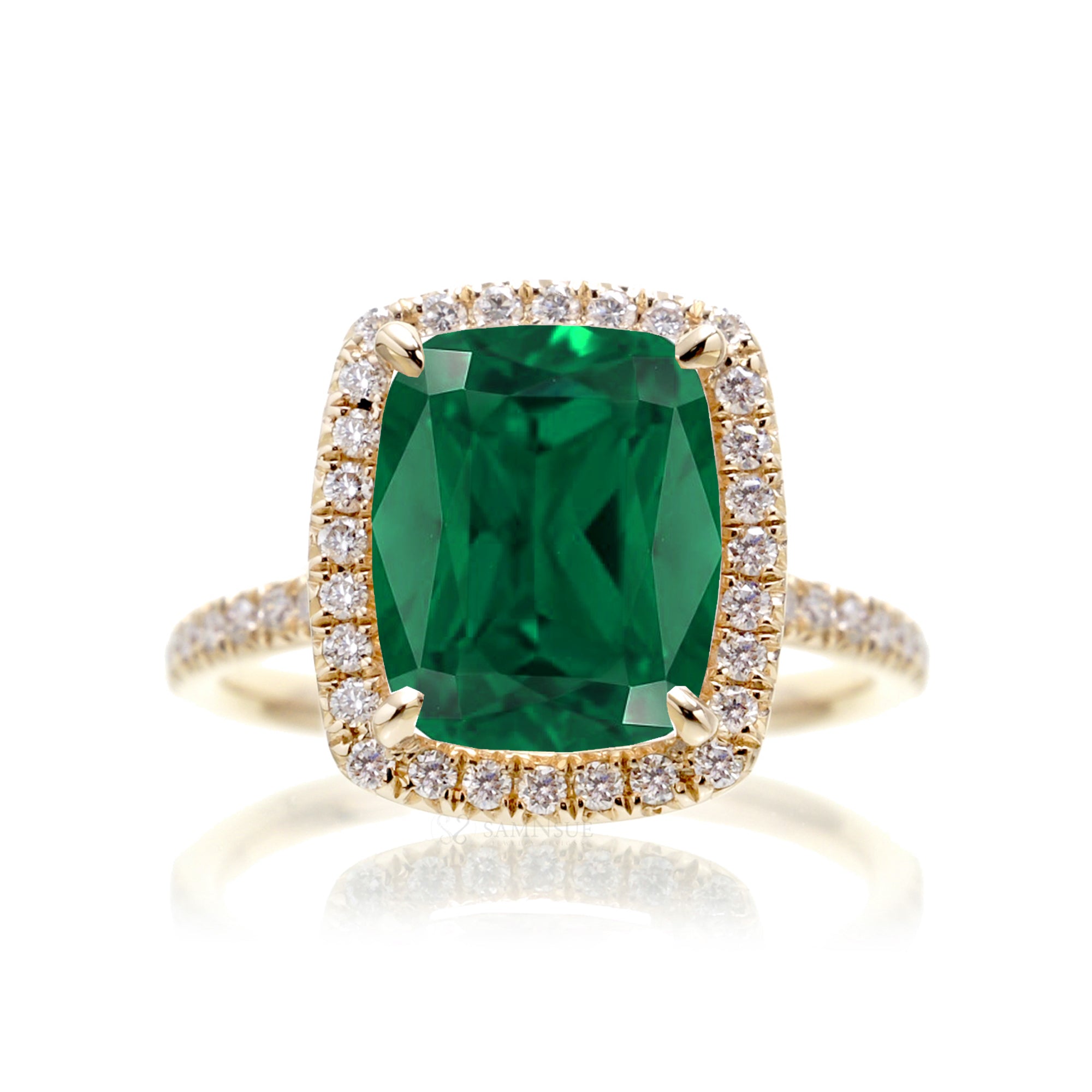 Cushion emerald diamond halo engagement ring - The Caitlin yellow gold