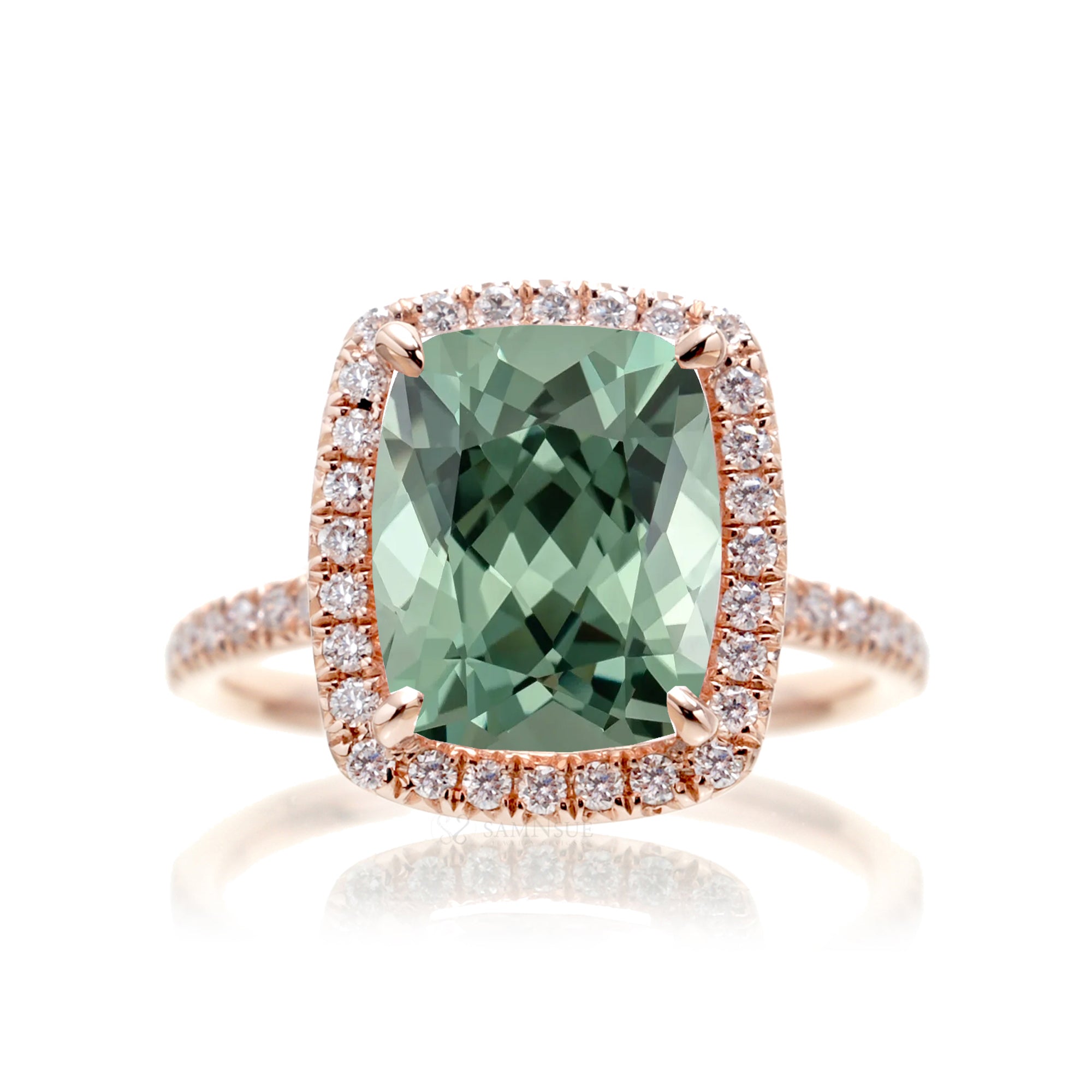 Cushion green sapphire diamond halo engagement ring - The Caitlin in rose gold