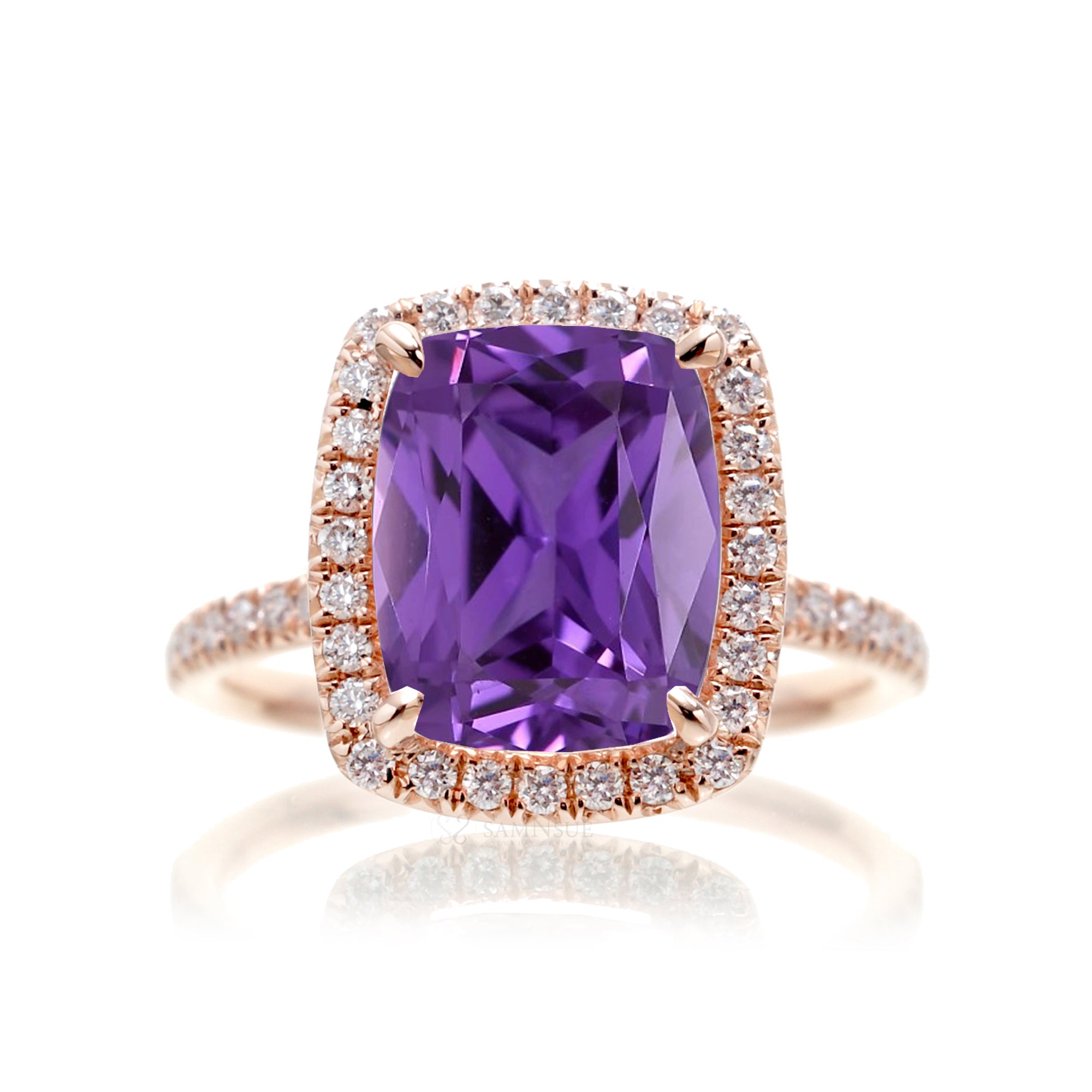 Cushion purple sapphire halo diamond ring amethyst color - The Caitlin rose gold