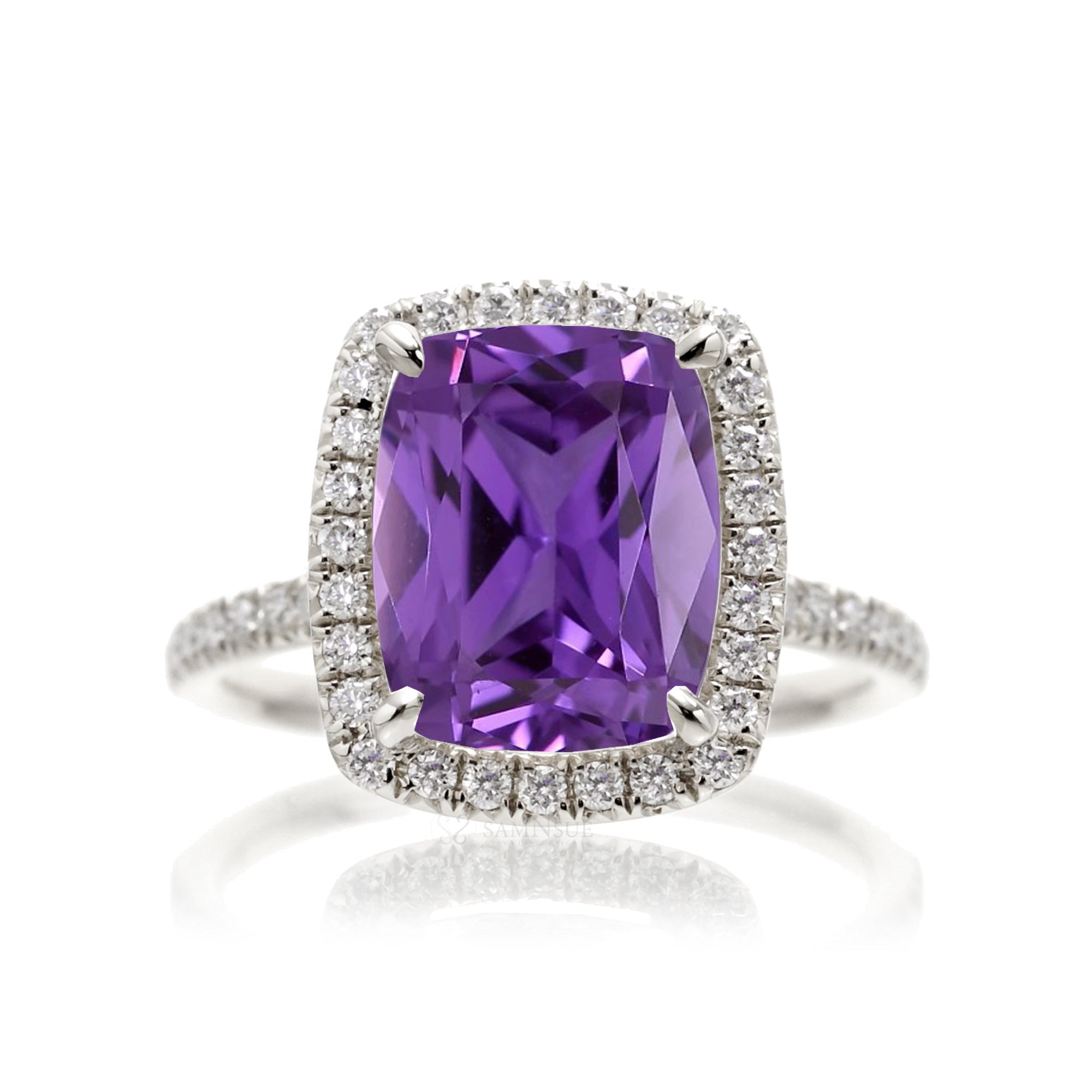 Cushion purple sapphire halo diamond ring amethyst color - The Caitlin white gold