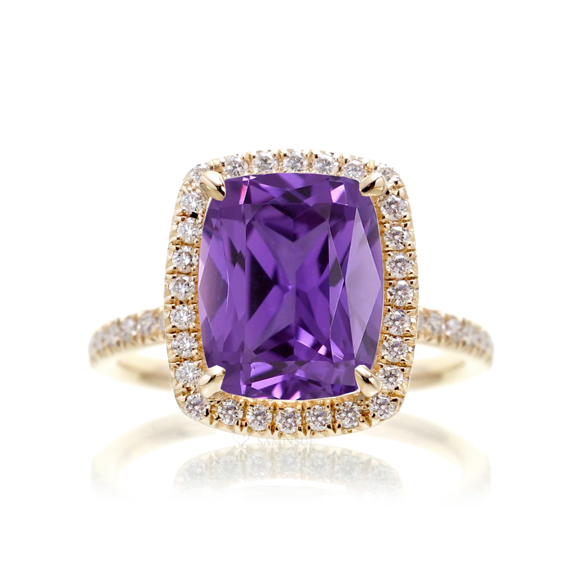 Cushion purple sapphire halo diamond ring amethyst color - The Caitlin yellow gold