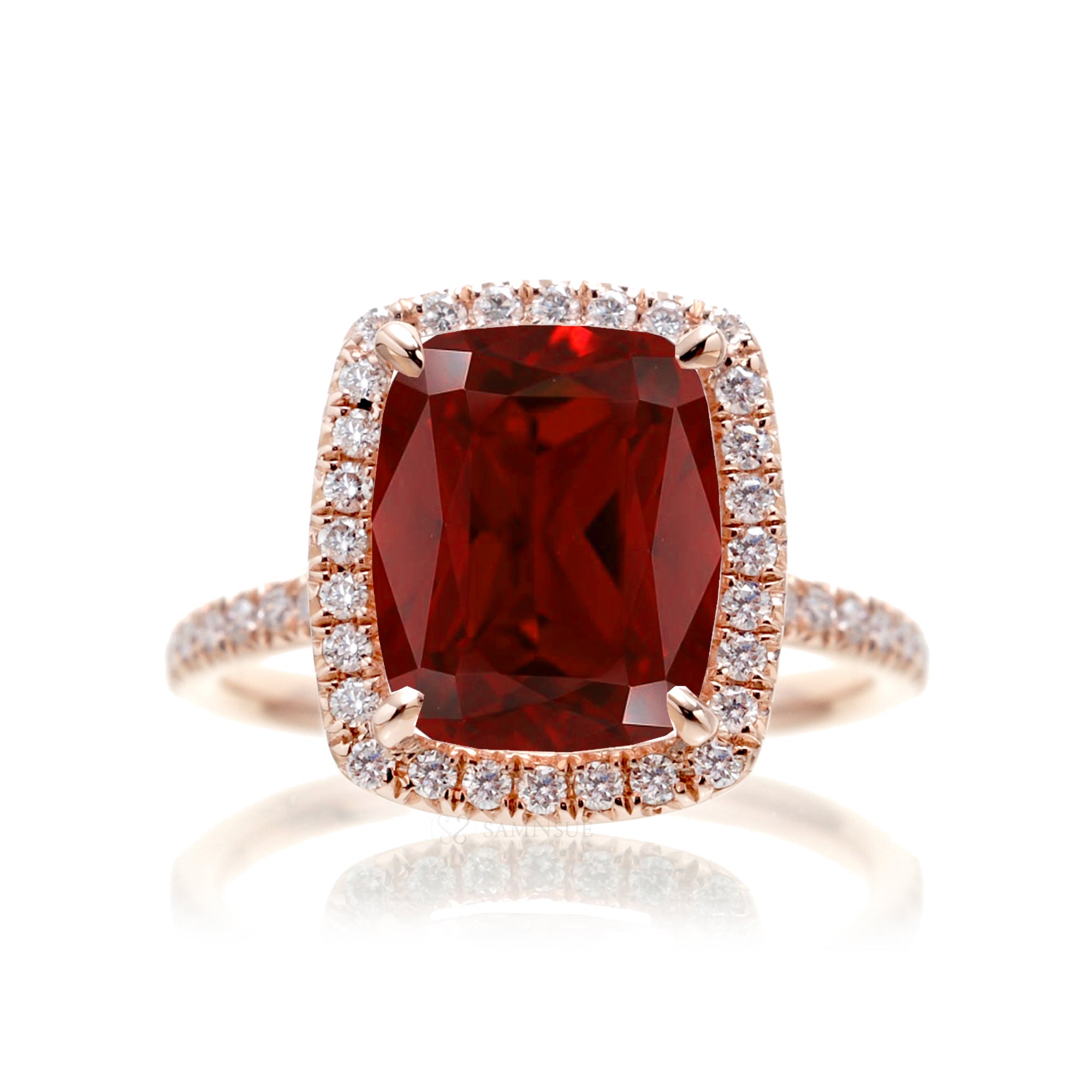 Cushion ruby and diamond halo engagement ring - The Caitlin rose gold