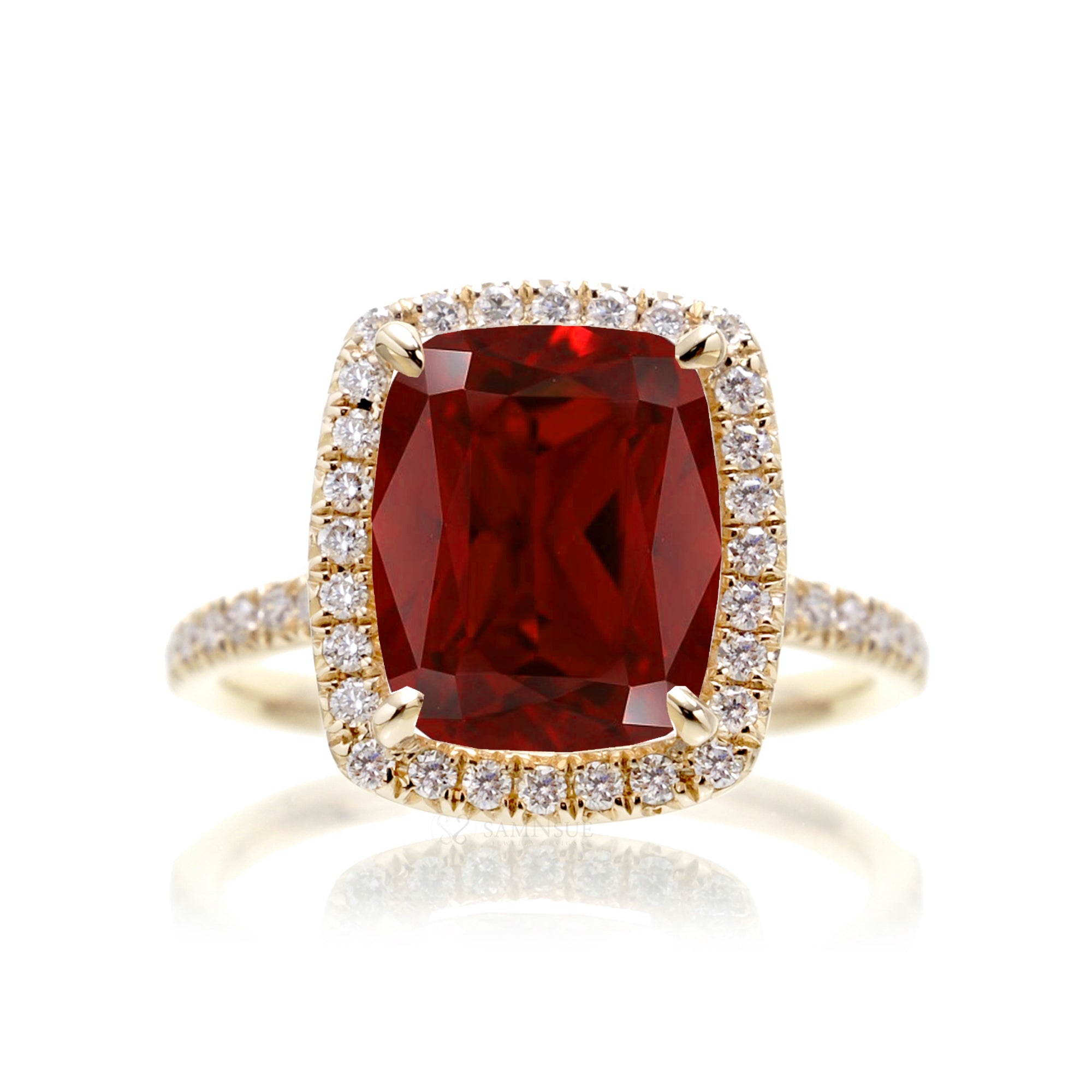 Cushion ruby and diamond halo engagement ring - The Caitlin yellow gold