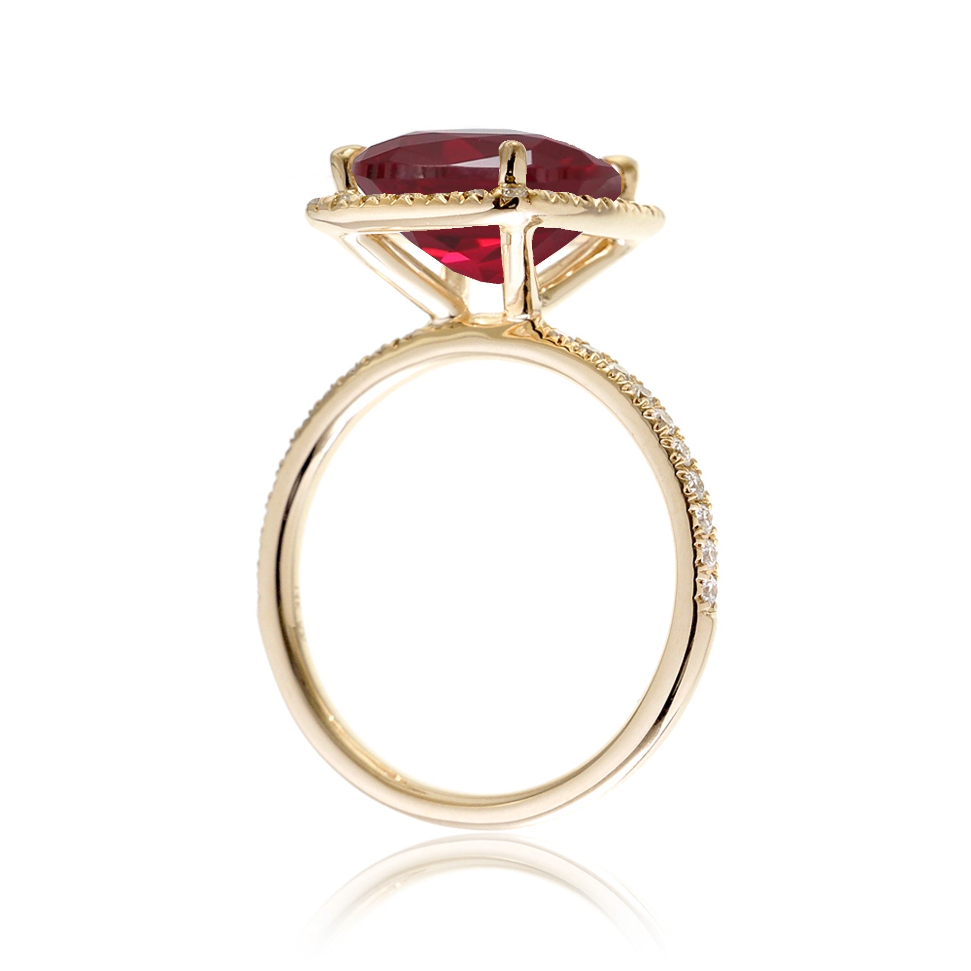 Cushion ruby and diamond halo engagement ring - The Caitlin yellow gold