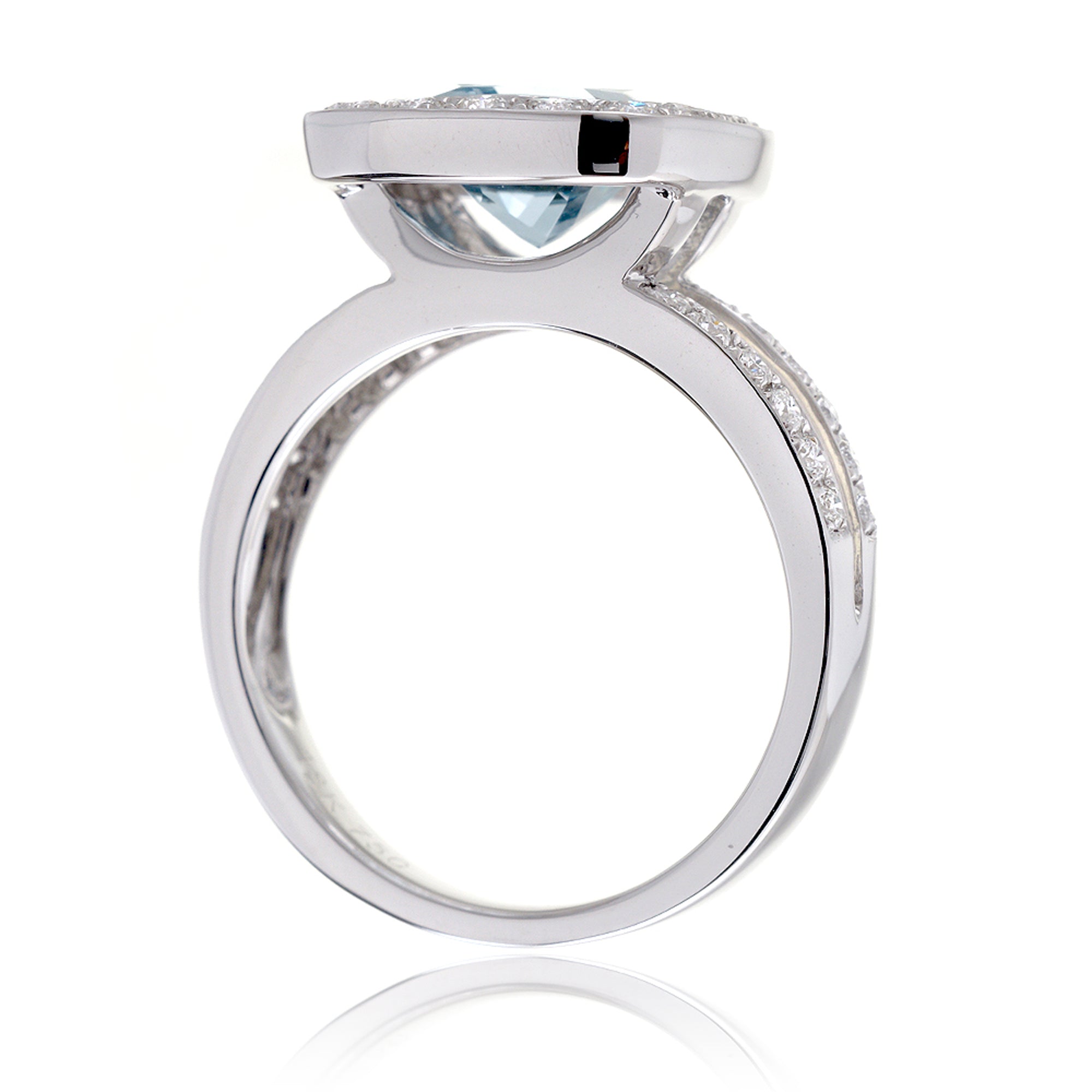 Cushion aquamarine bezel set diamond halo split band ring white gold - the Effie