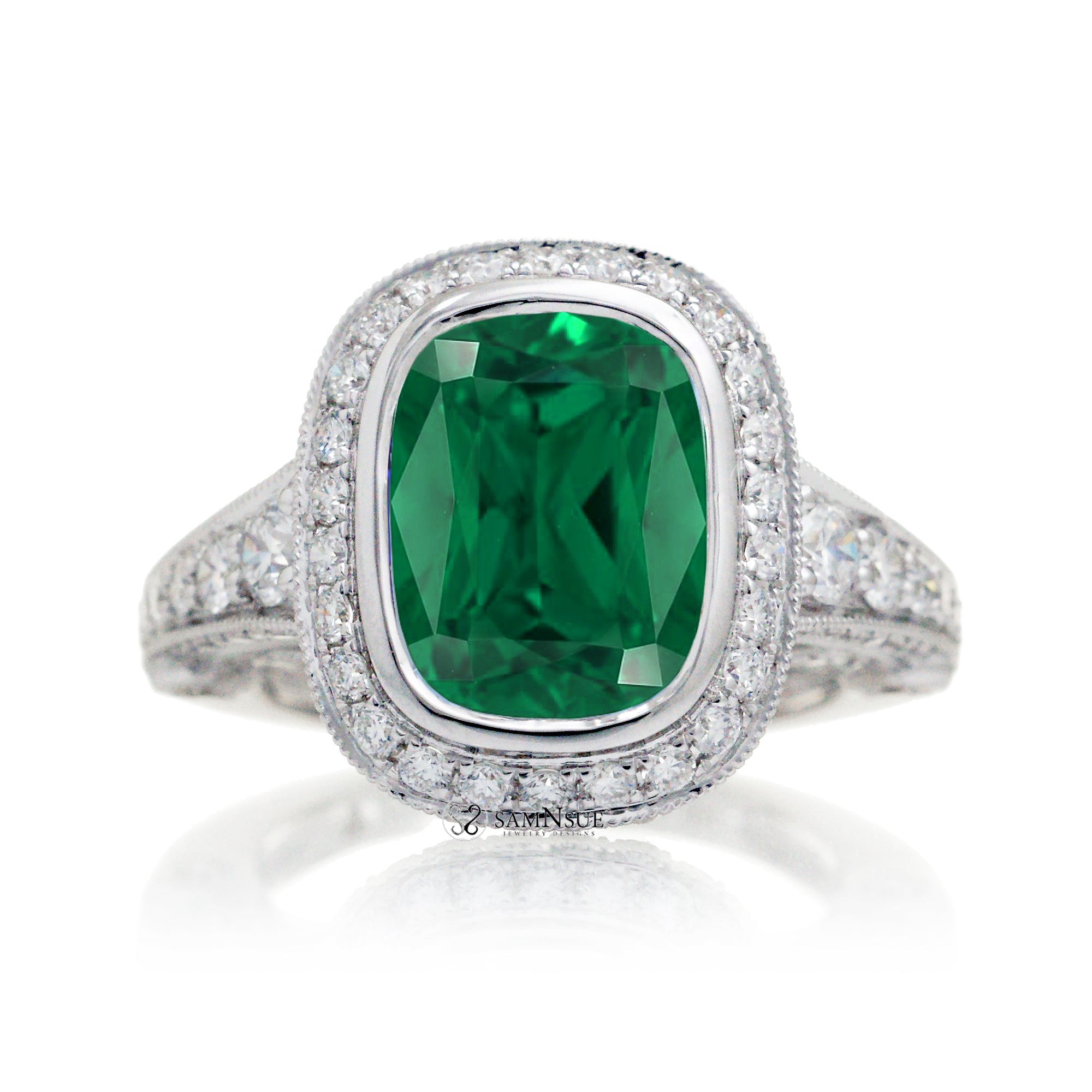 Cushion cut green emerald diamond halo vintage style bezel set ring