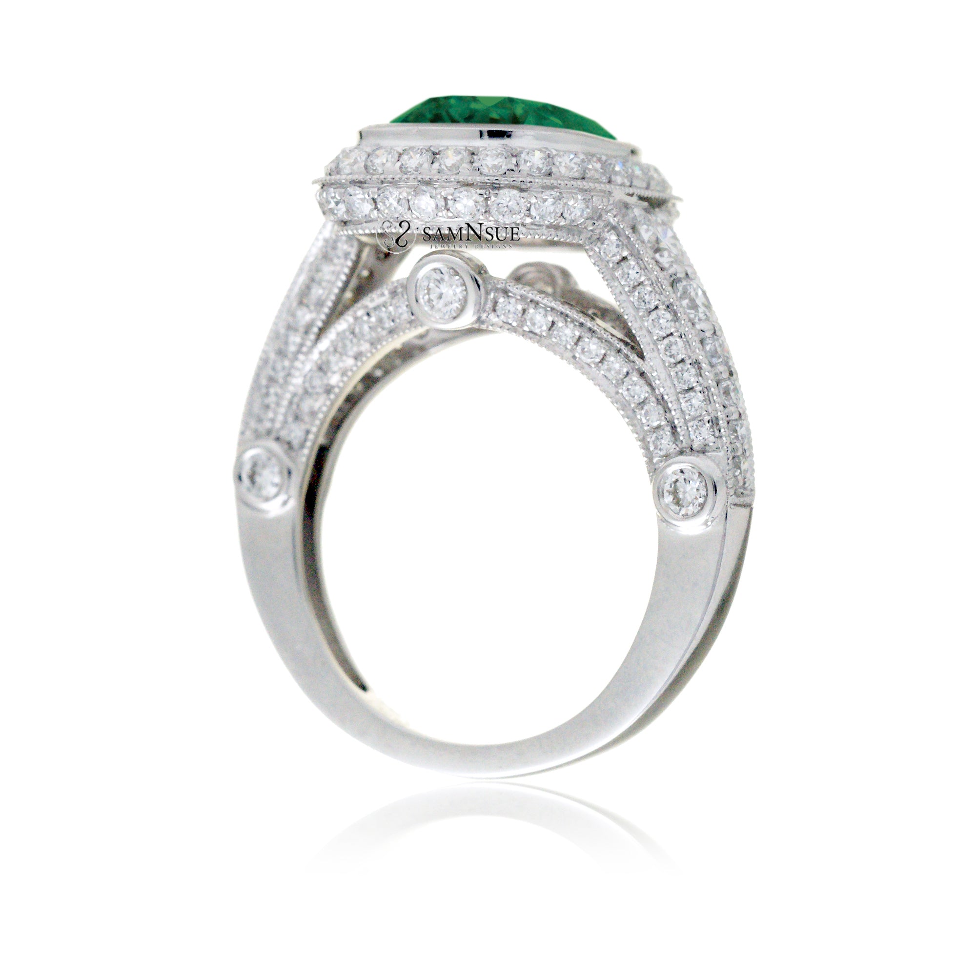 Cushion cut green emerald diamond halo vintage style bezel set ring