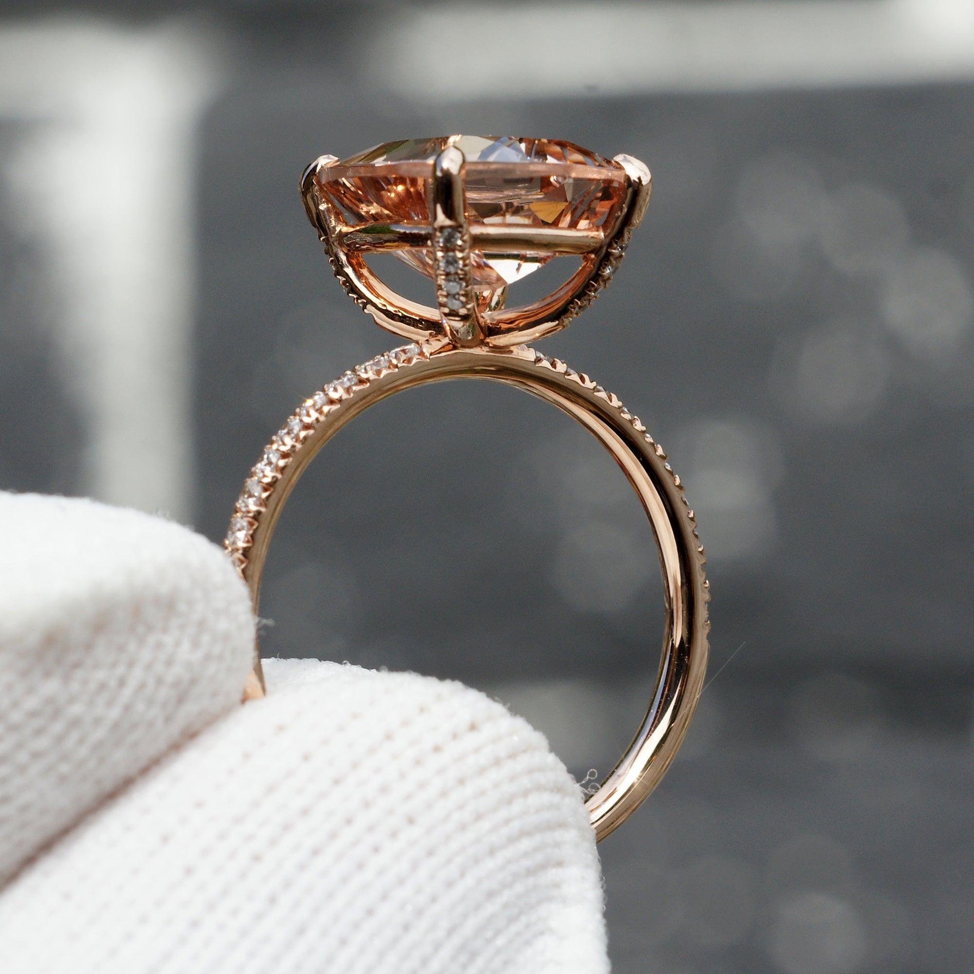 The Ava Cushion Morganite Ring 11x9mm 14k Rose Gold (2mm band)