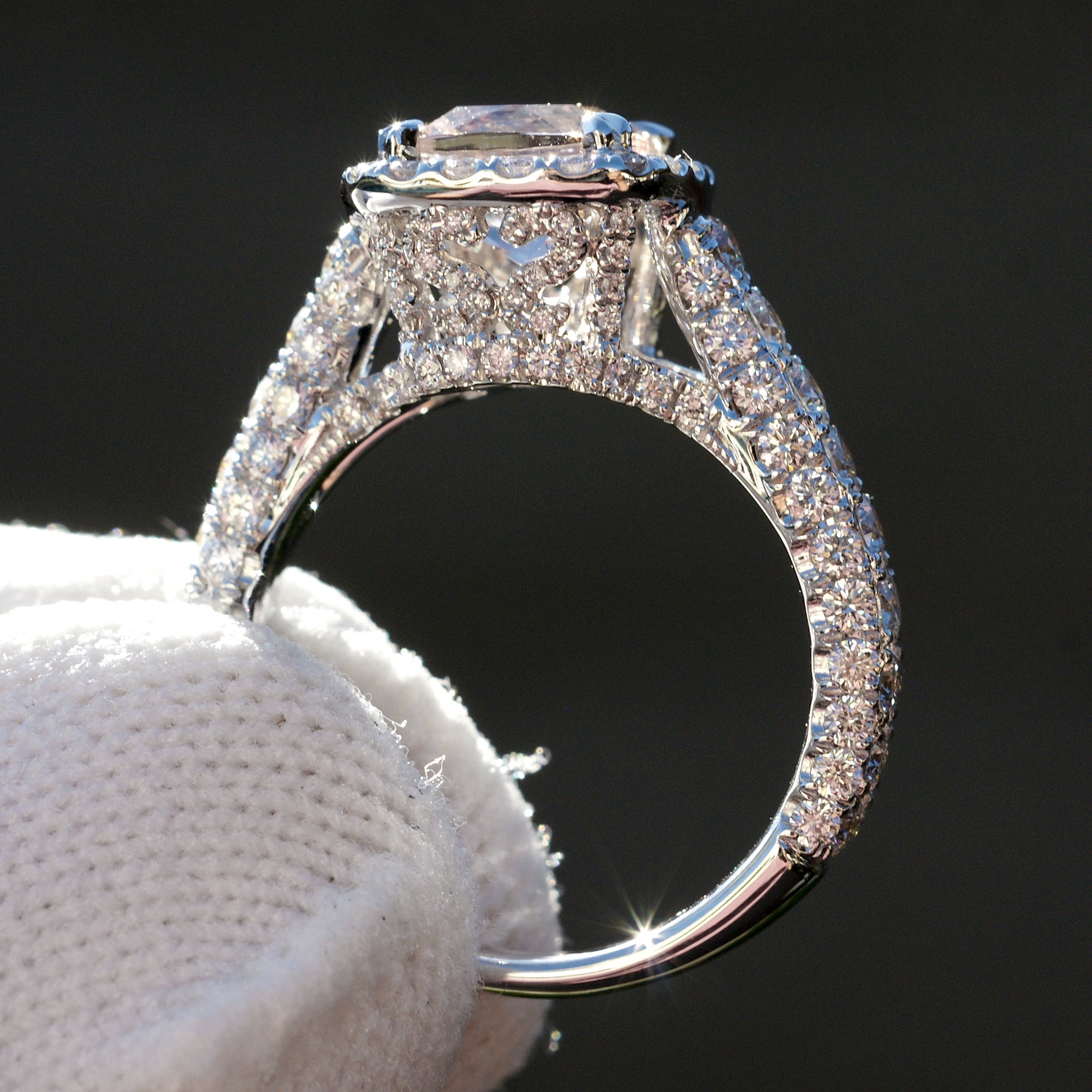 Light pink morganite cushion halo diamond total drenched ring the tamara white gold