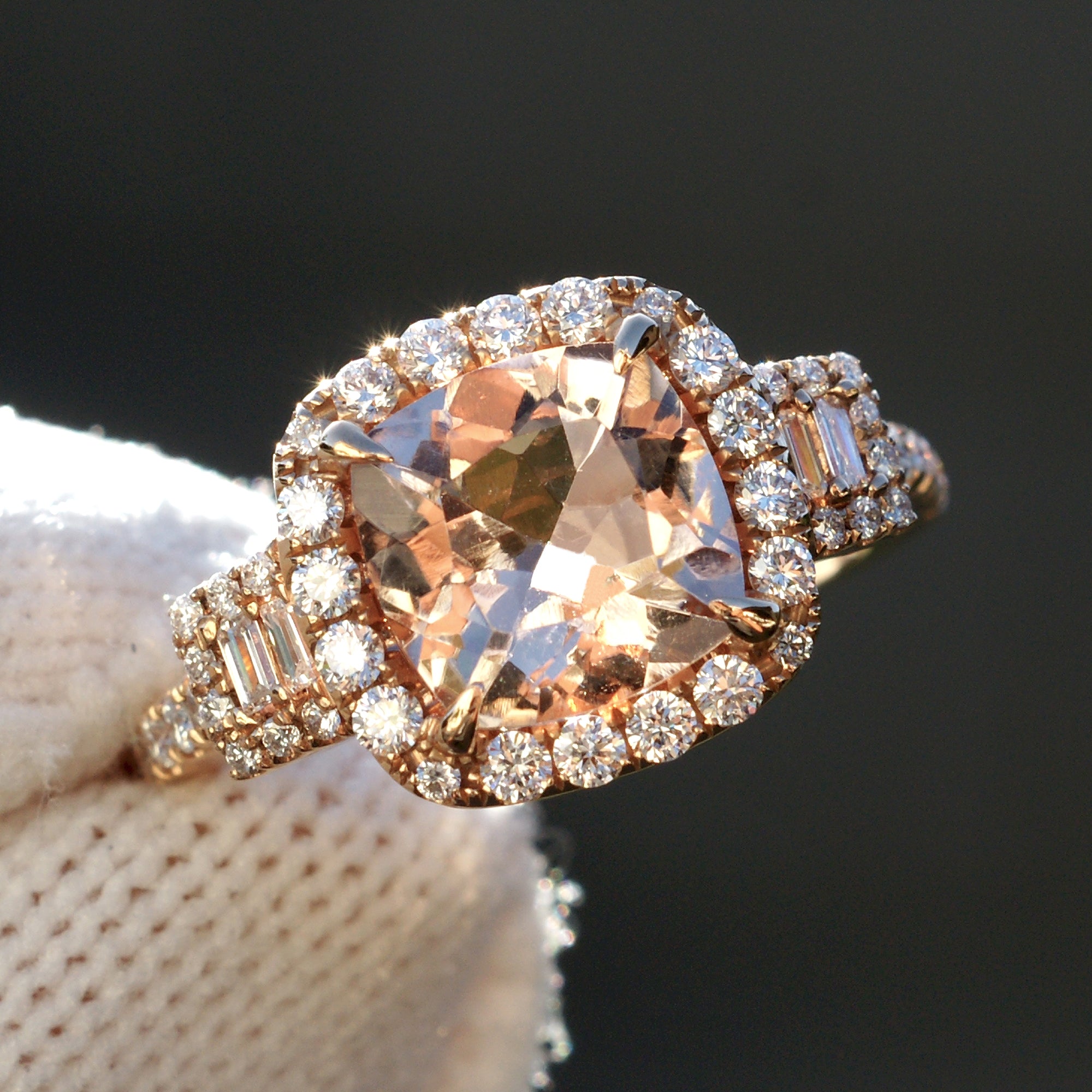 Cushion morganite and diamond engagement ring with halo in rose gold