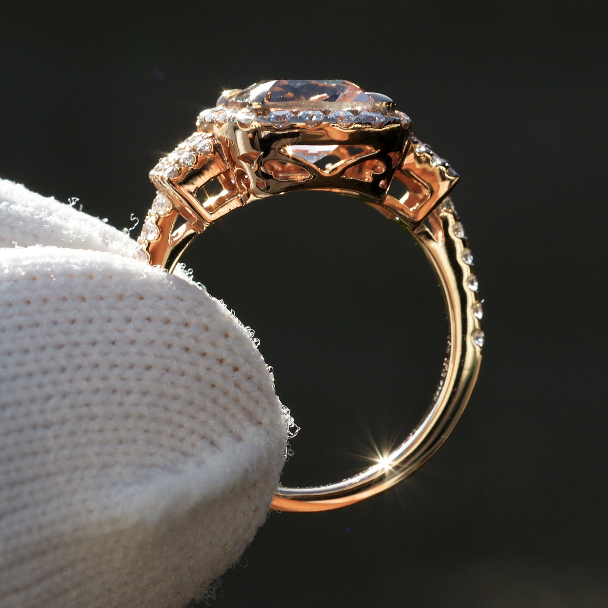 Cushion morganite and diamond engagement ring with halo in rose gold