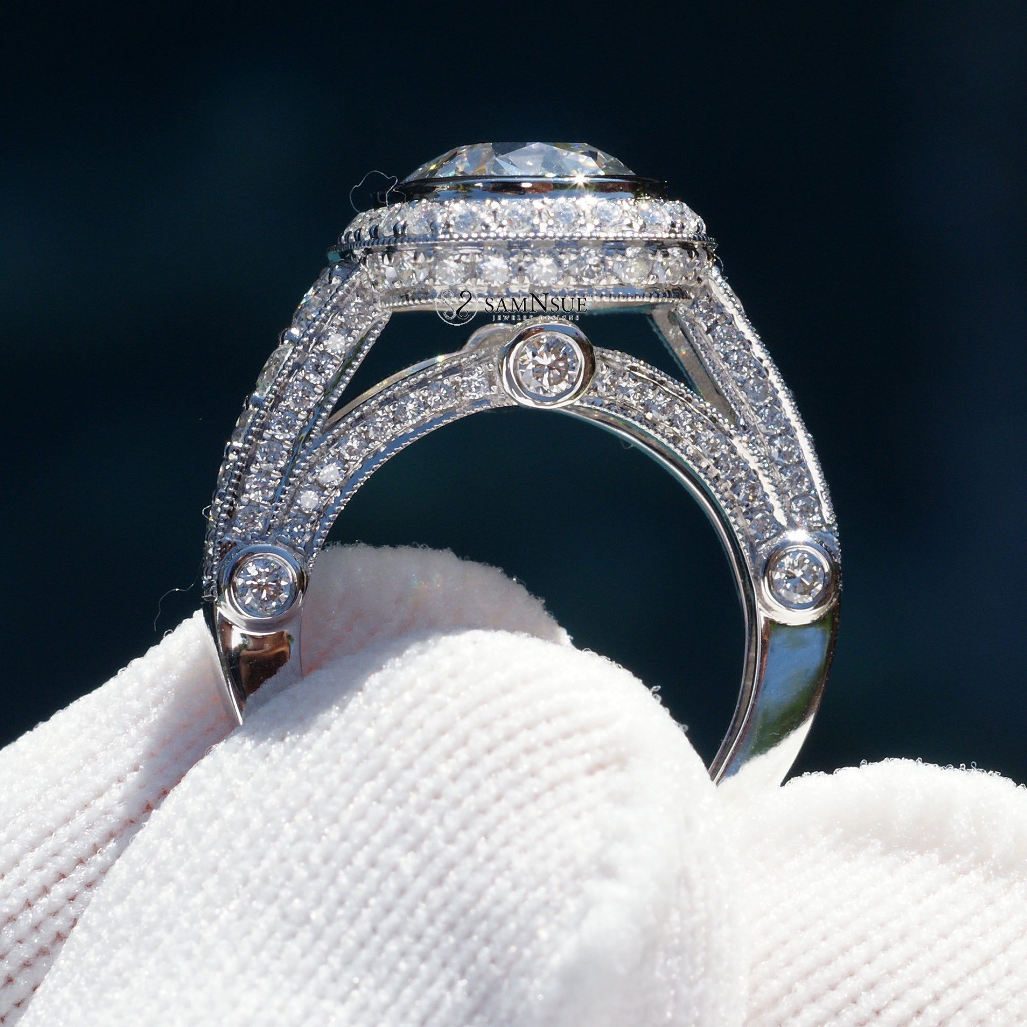 Old miner cut cushion diamond bezel set vintage style ring the Gwendoline