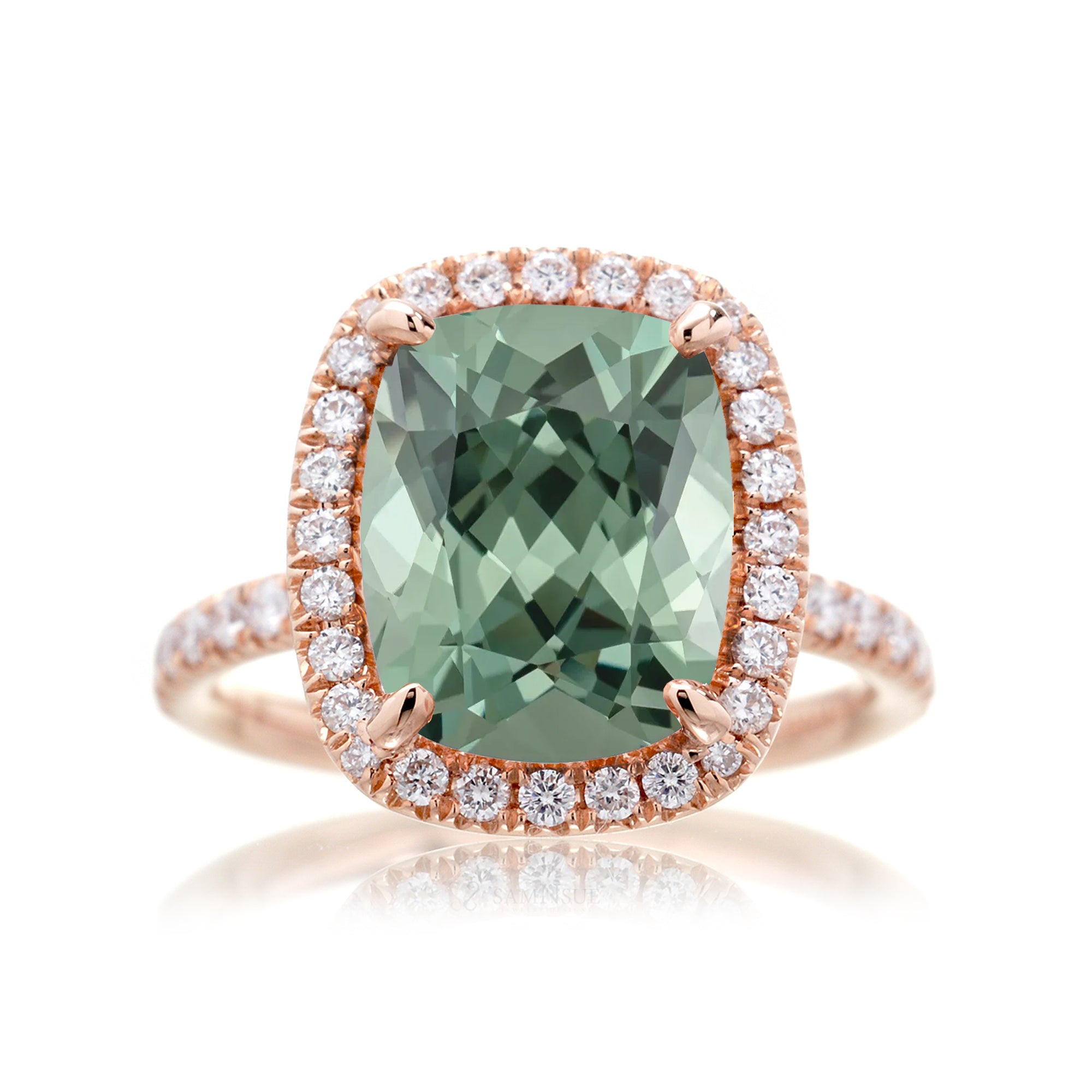 Green sapphire cushion diamond halo engagement ring the Drenched rose gold