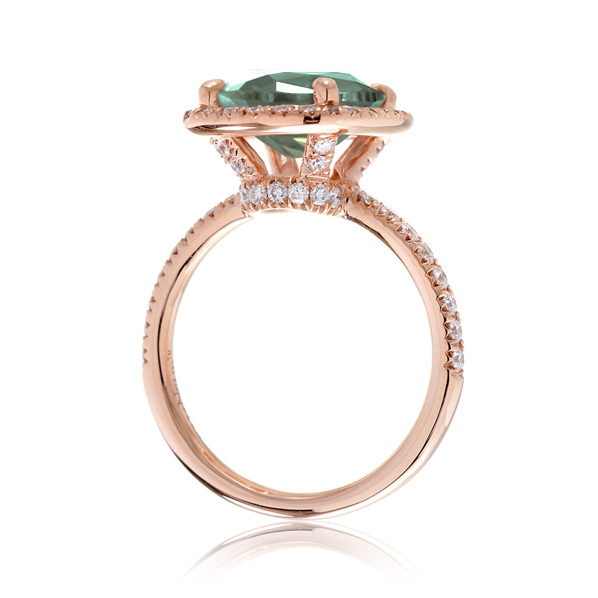 Green sapphire cushion diamond halo engagement ring the Drenched rose gold side view