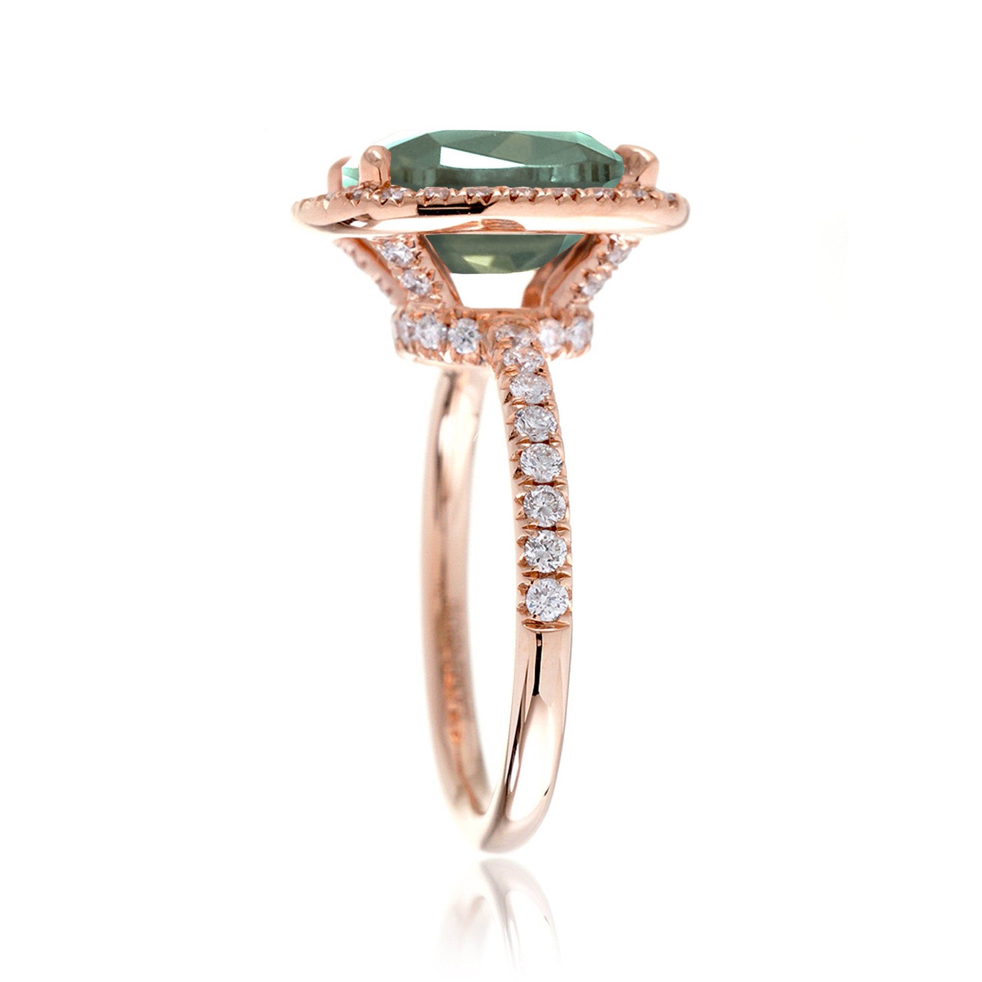 Green sapphire cushion diamond halo engagement ring the Drenched rose gold profile view