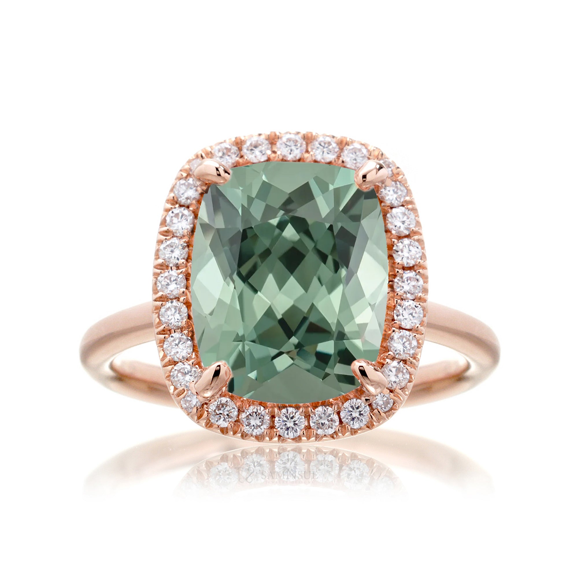 Green sapphire cushion diamond halo engagement ring the Drenched rose gold solid band