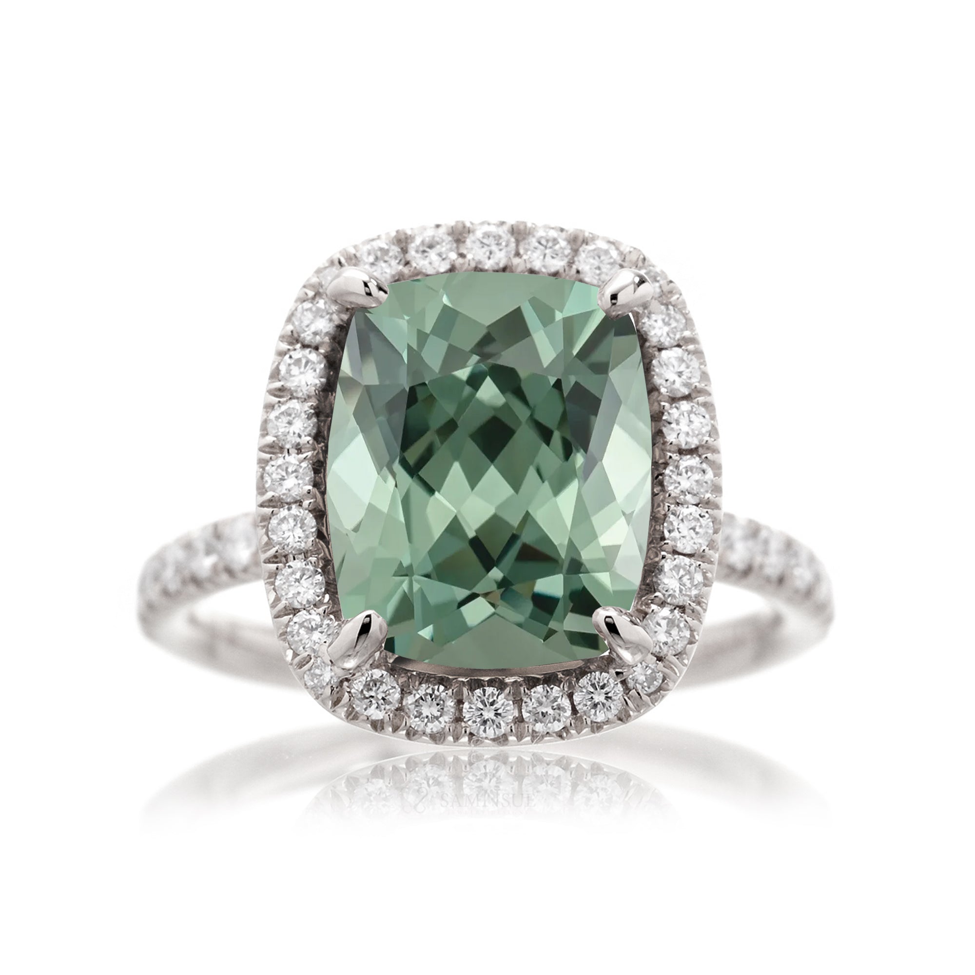 Green sapphire cushion diamond halo engagement ring the Drenched white gold