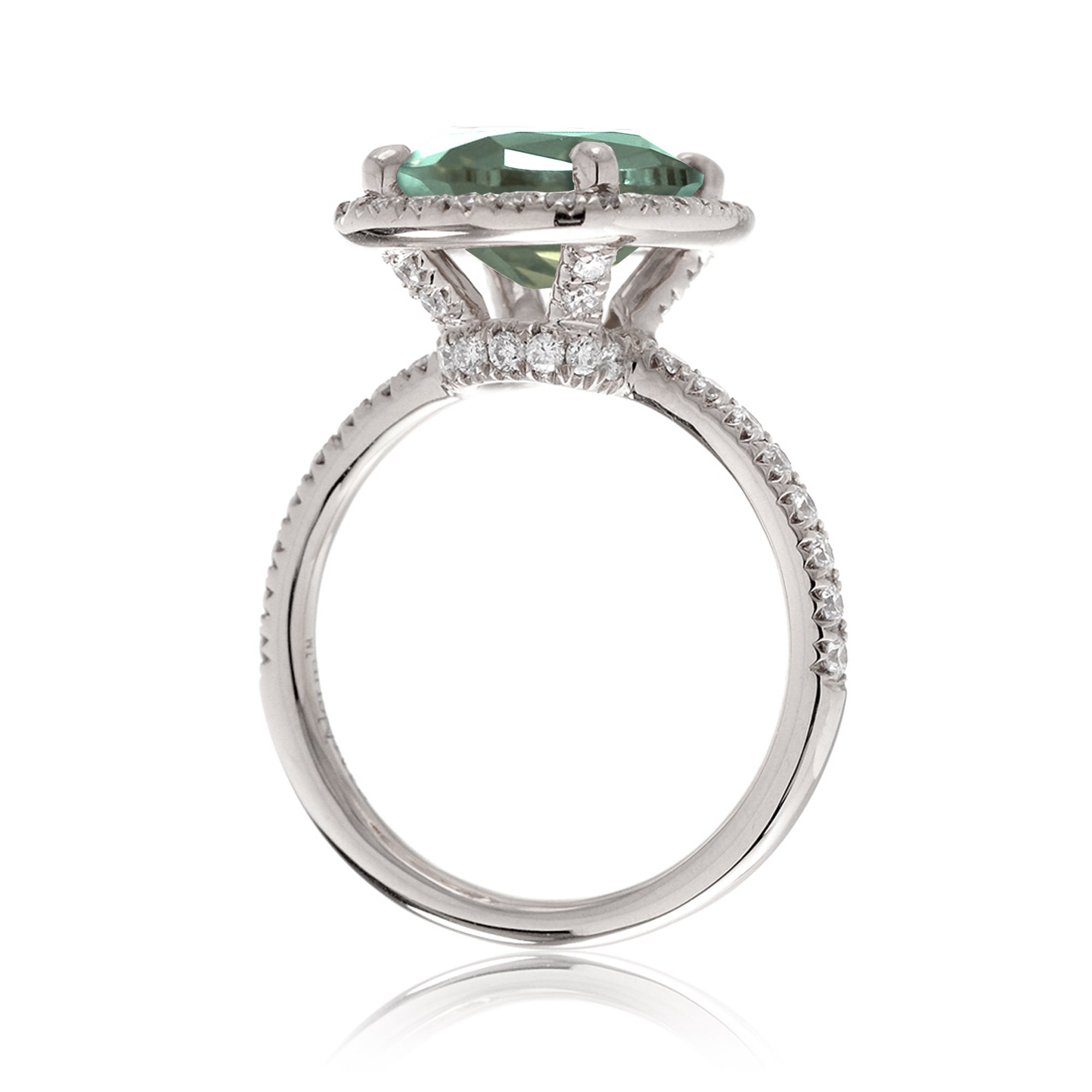 Green sapphire cushion diamond halo engagement ring the Drenched white gold side view