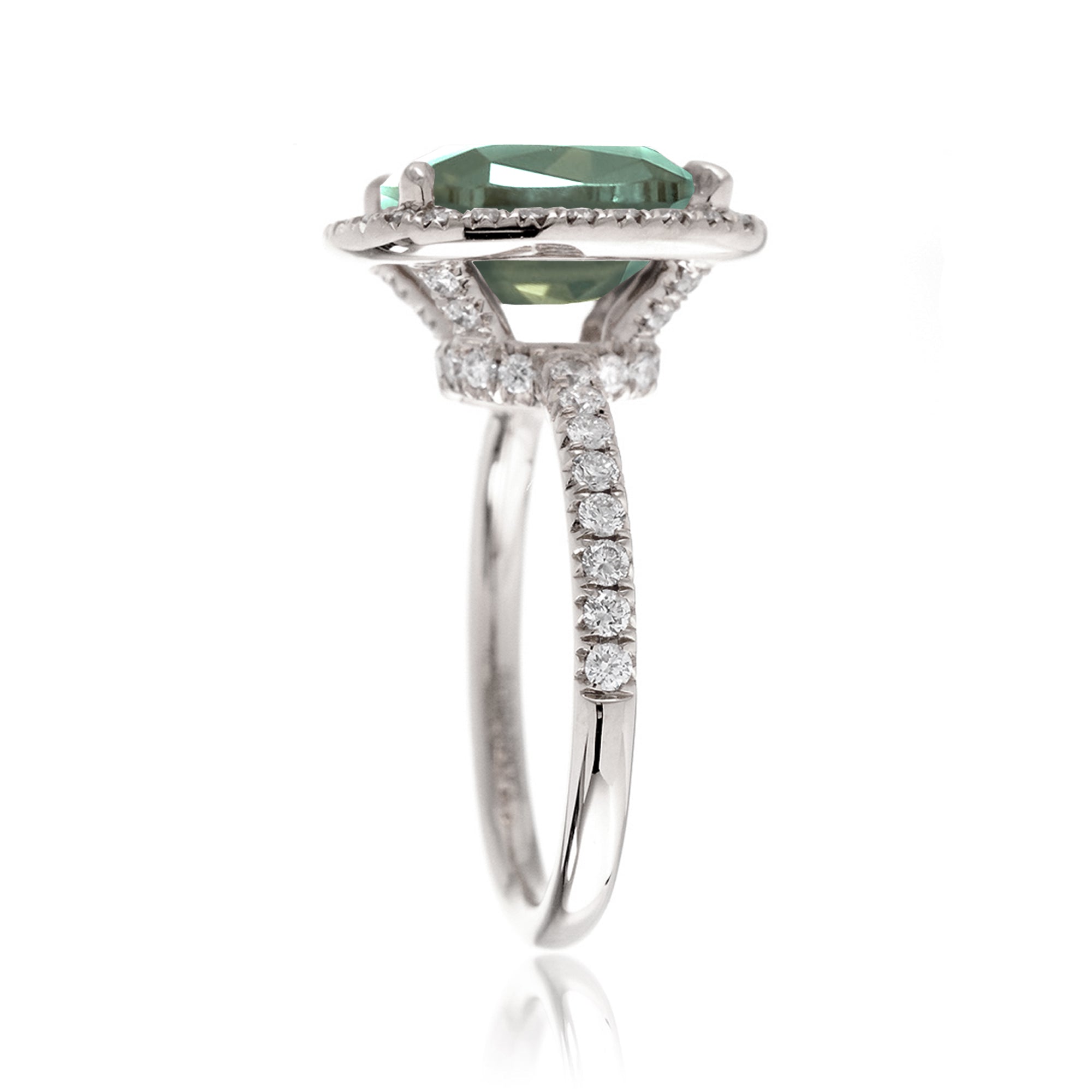 Green sapphire cushion diamond halo engagement ring the Drenched white gold profile view