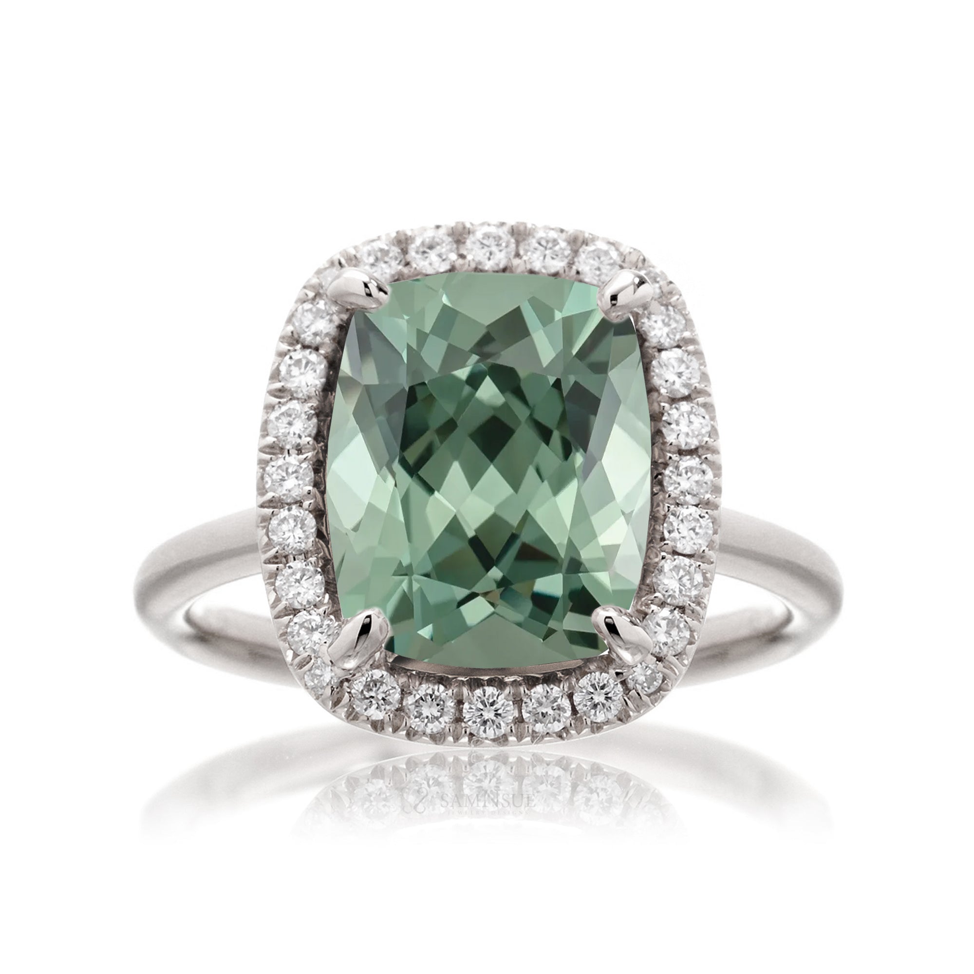 Green sapphire cushion diamond halo engagement ring the Drenched white gold solid band