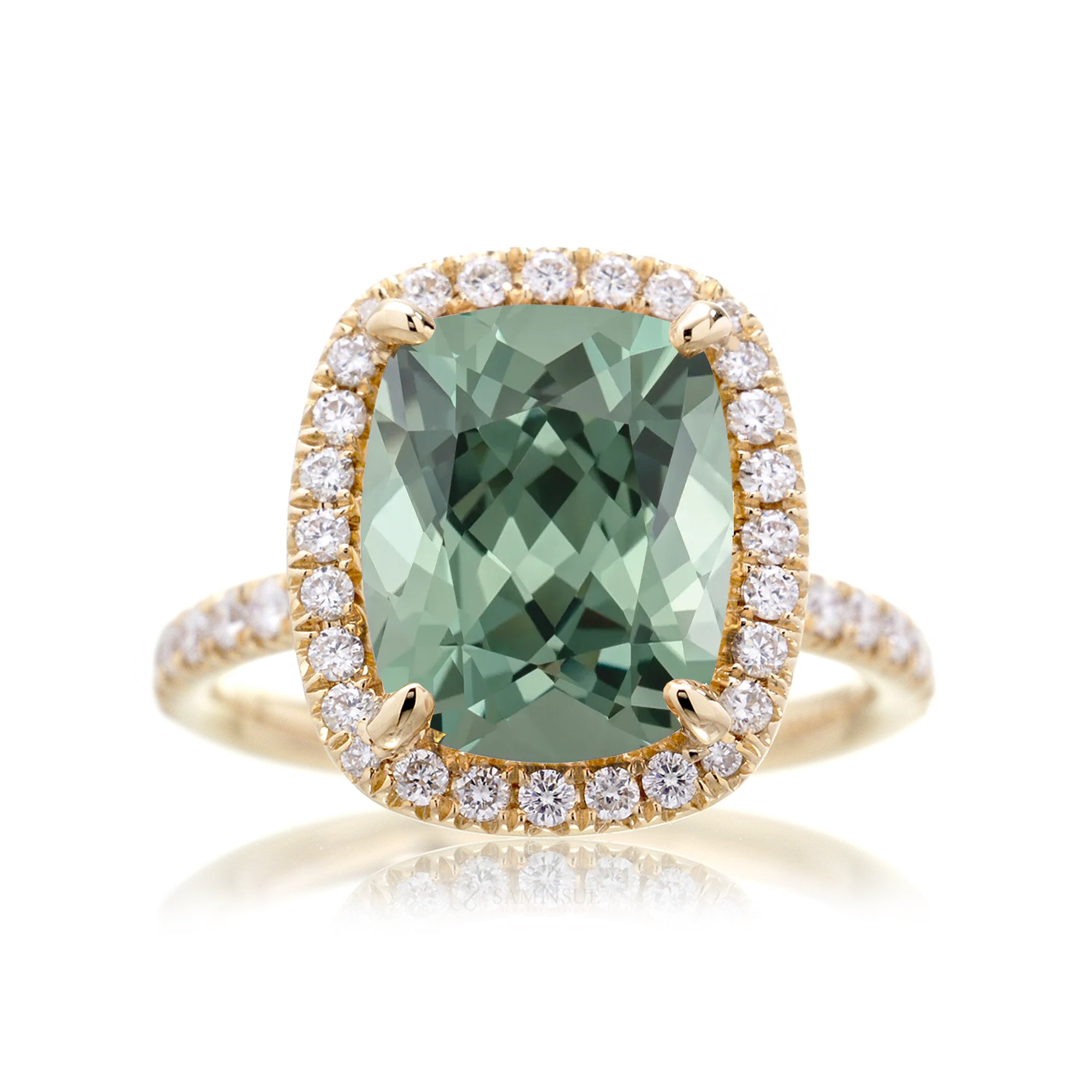 Green sapphire cushion diamond halo engagement ring the Drenched yellow gold