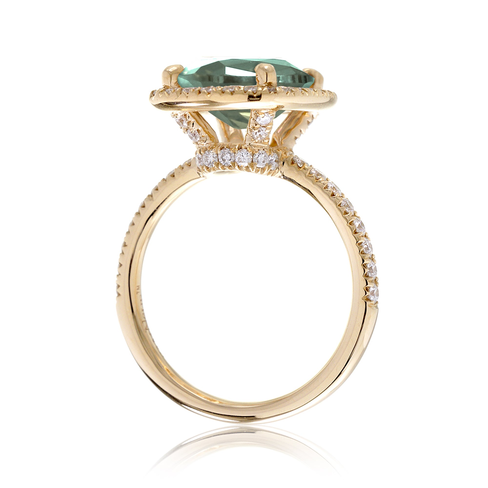 Green sapphire cushion diamond halo engagement ring the Drenched yellow gold side view