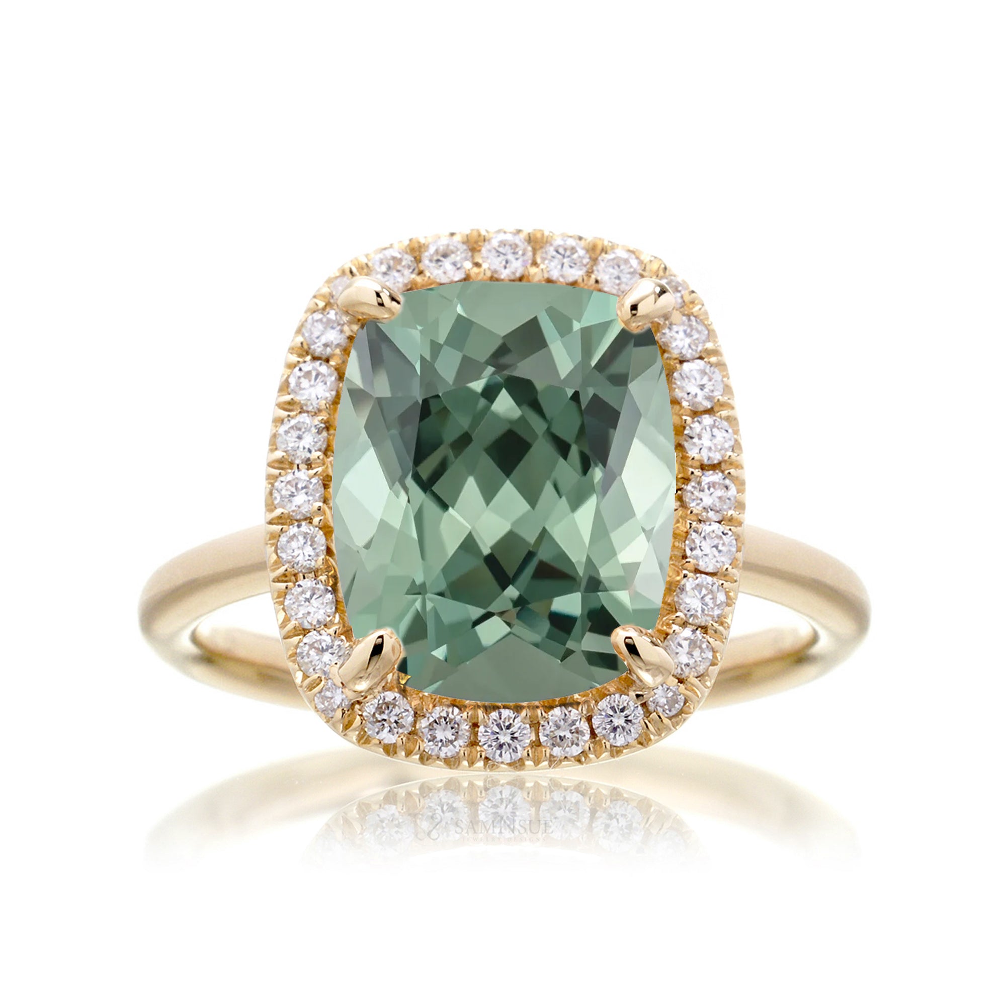 Green sapphire cushion diamond halo engagement ring the Drenched yellow gold solid band