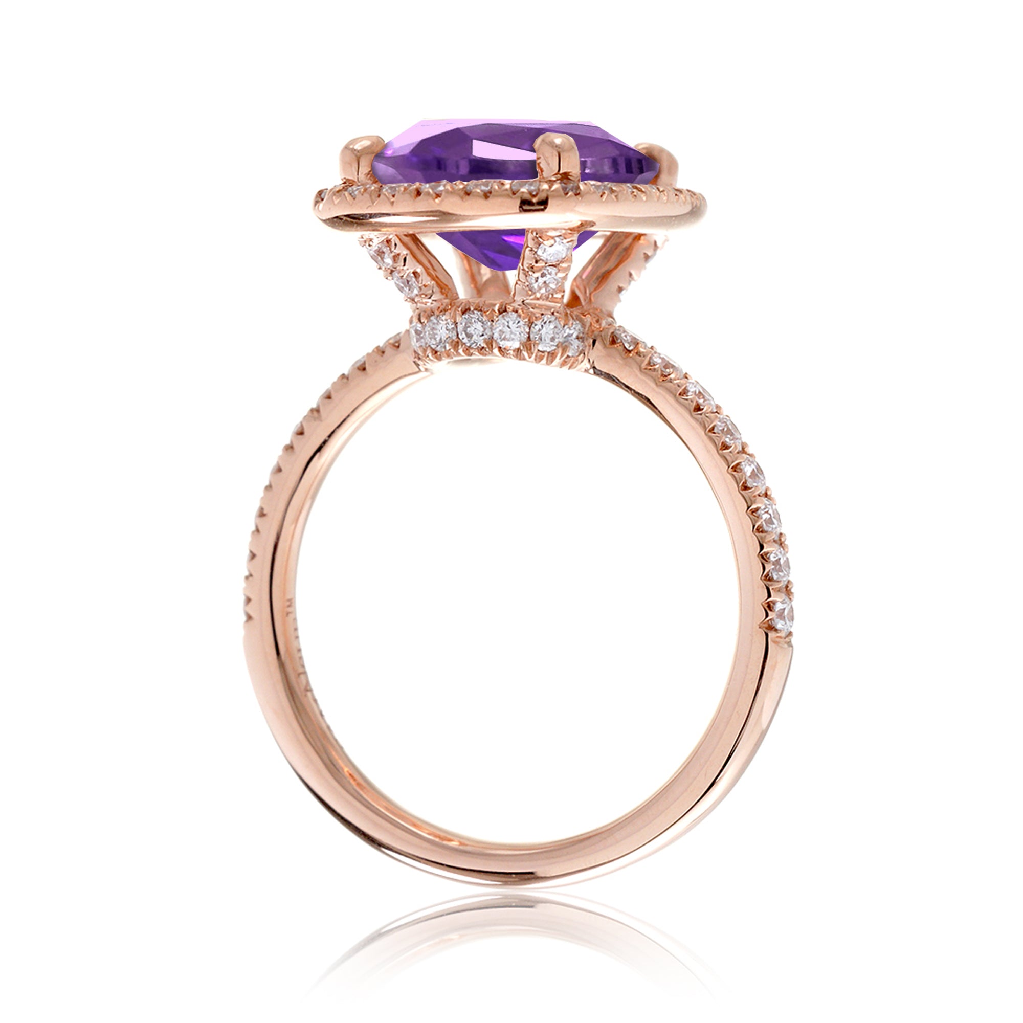 Purple sapphire engagement ring the Drenched cushion rose gold side view