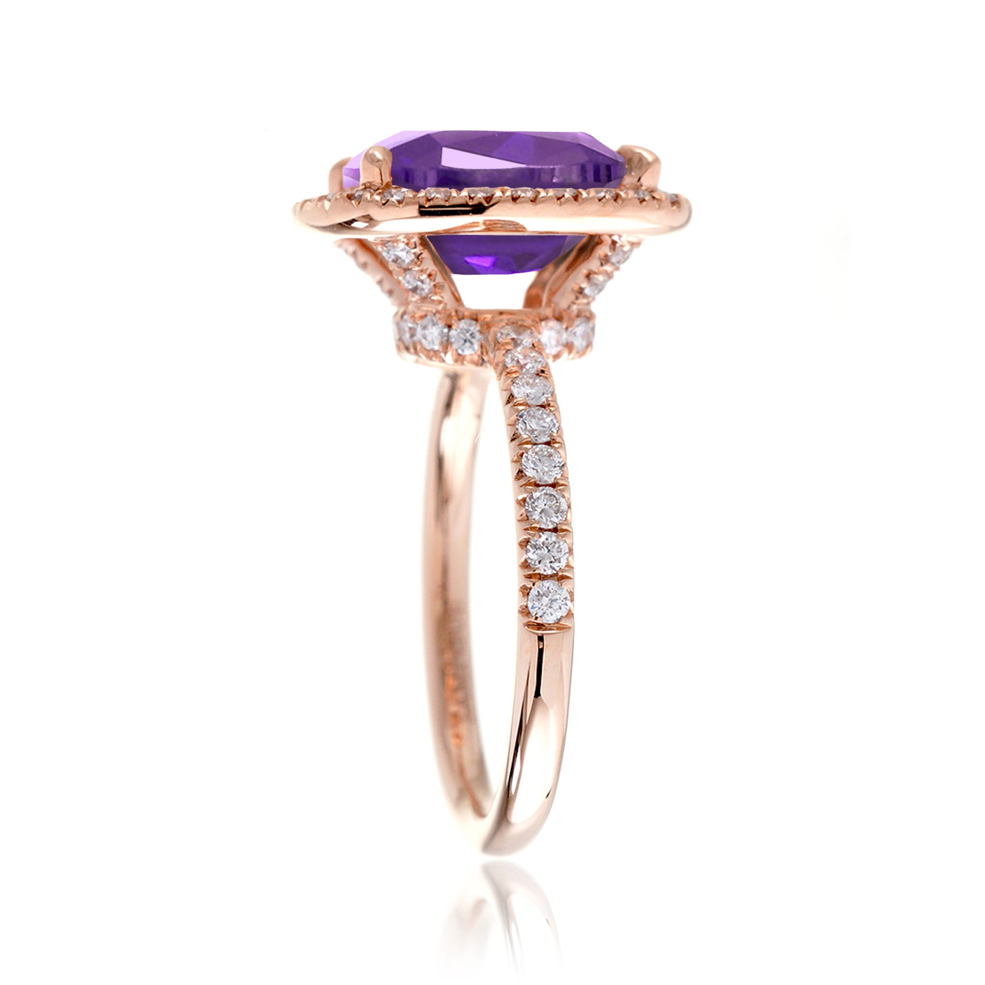 Purple sapphire engagement ring the Drenched cushion rose gold profile view