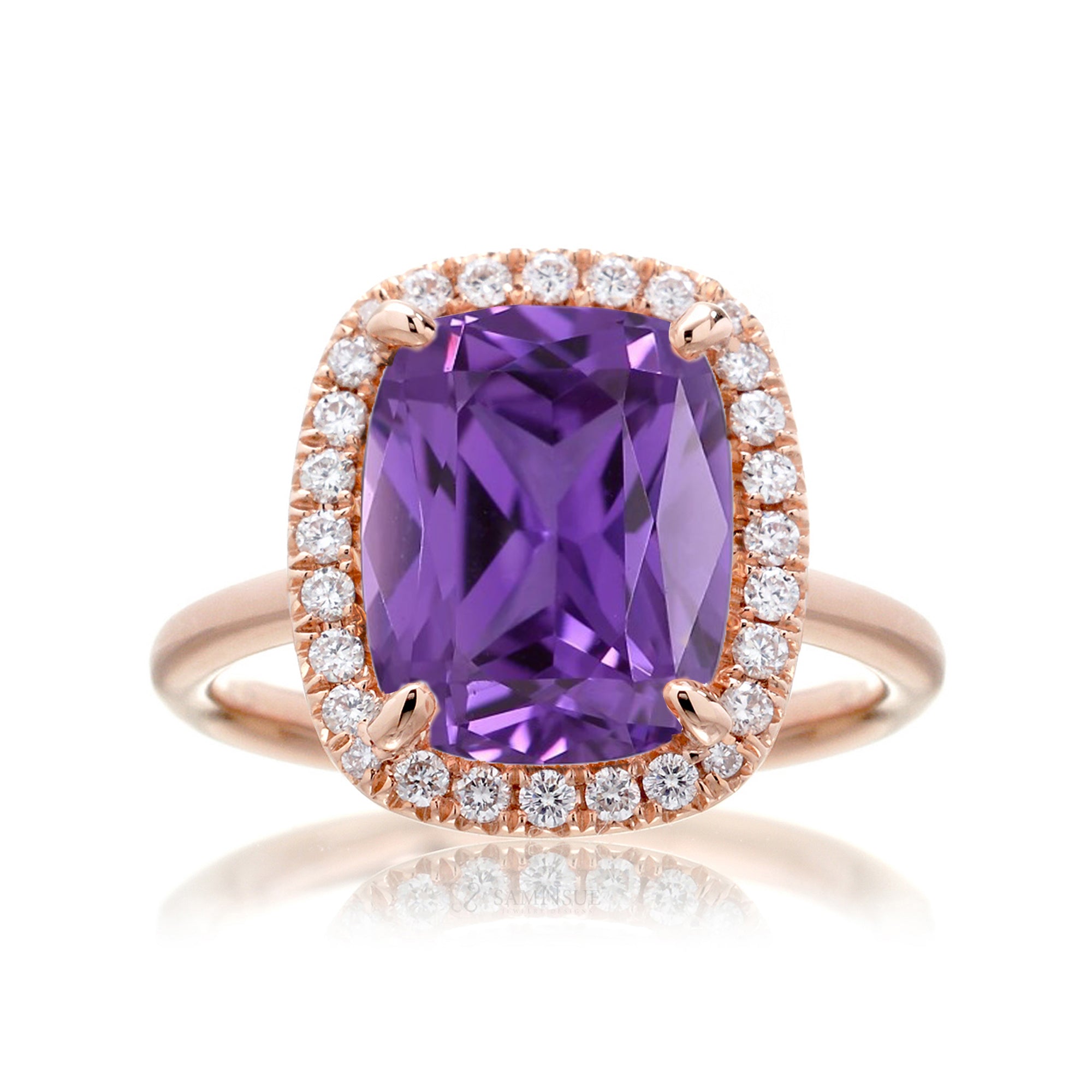 Purple sapphire engagement ring the Drenched cushion rose gold solid band