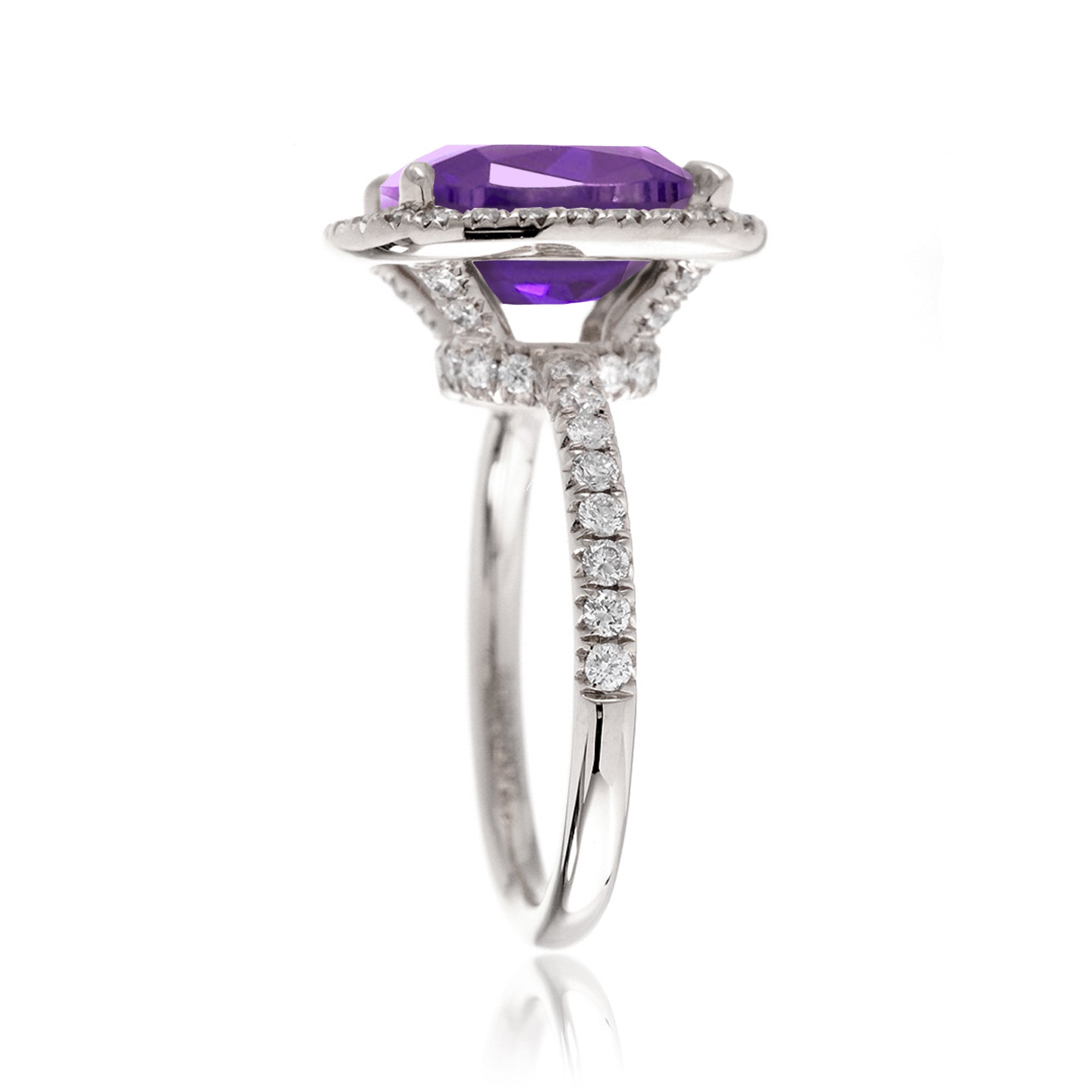 Purple sapphire engagement ring the Drenched cushion white gold profile view