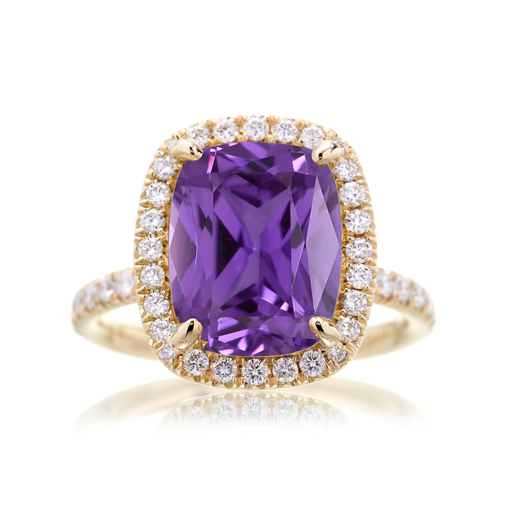 Purple sapphire engagement ring the Drenched cushion yellow gold