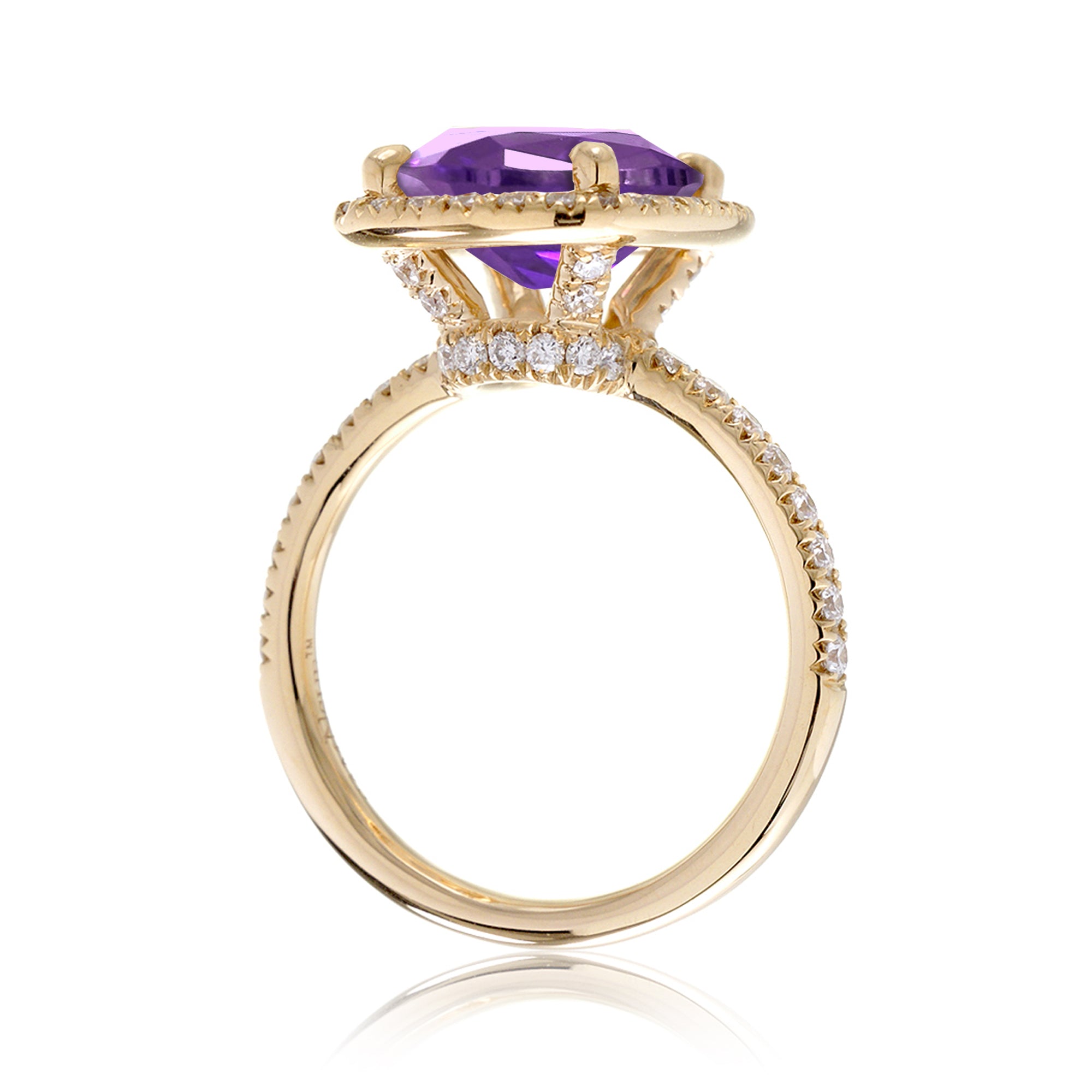 Purple sapphire engagement ring the Drenched cushion yellow gold side view