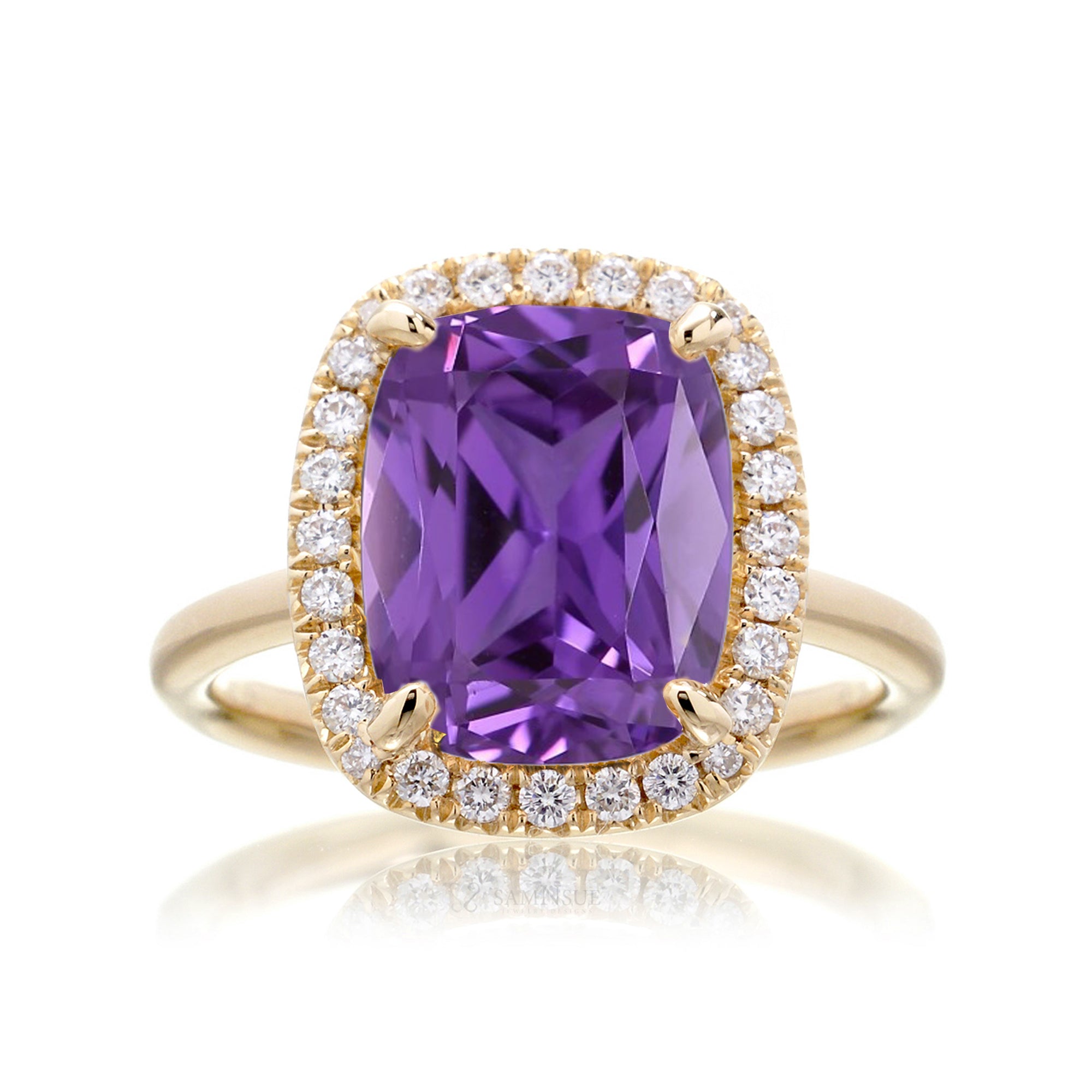 Purple sapphire engagement ring the Drenched cushion yellow gold solid band