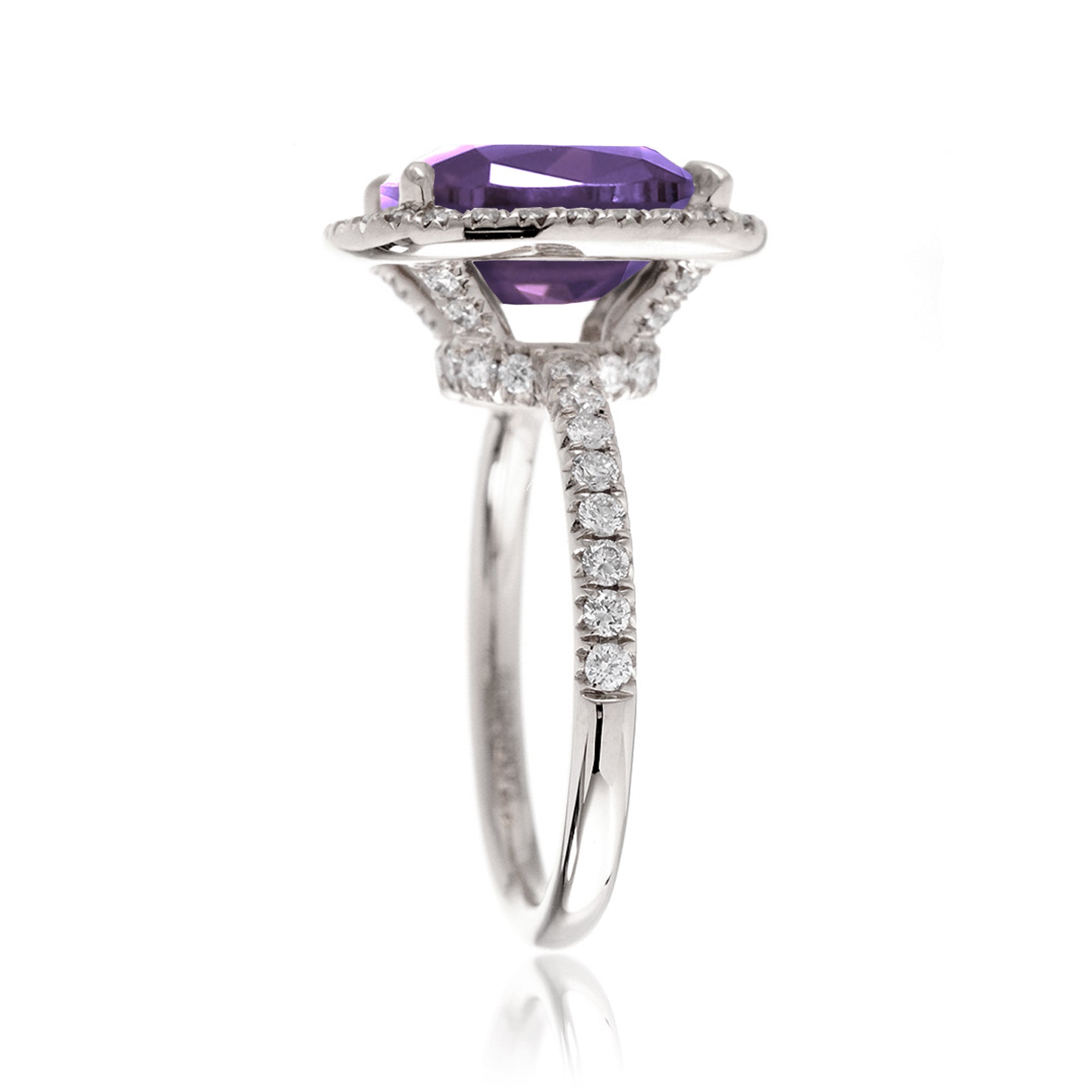 Purple sapphire amethyst diamond ring the Drenched white gold profile view