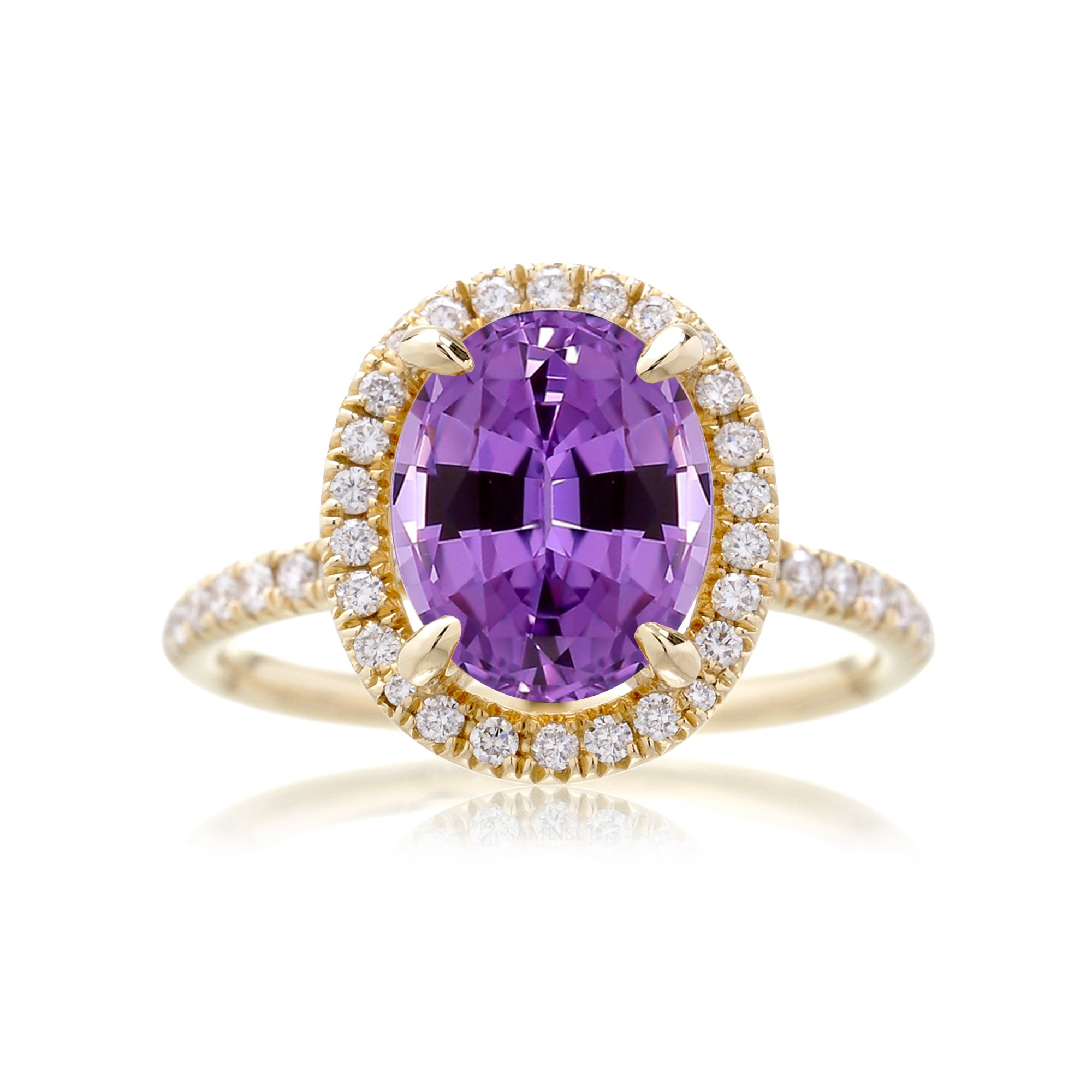 Purple sapphire amethyst diamond ring the Drenched yellow gold