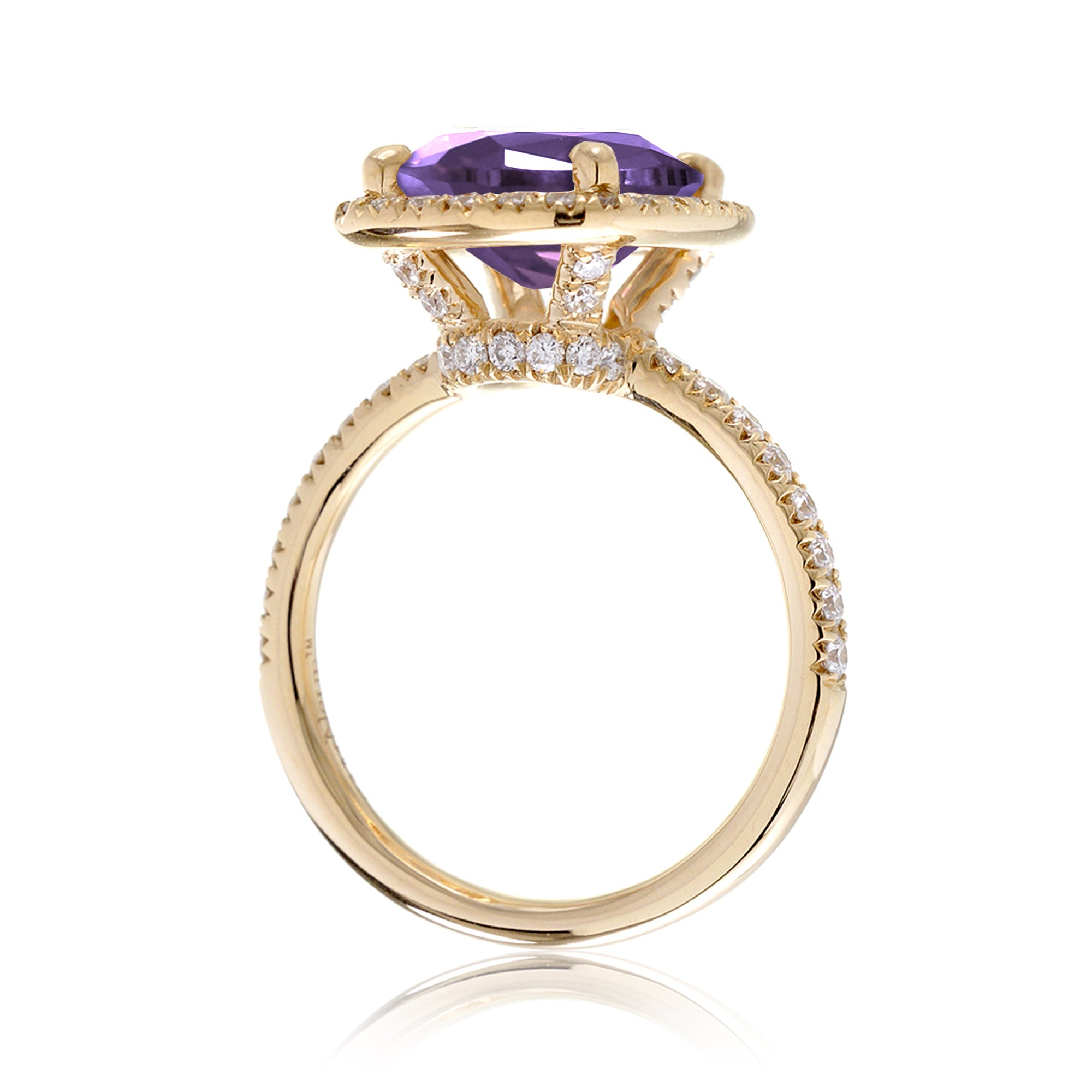 Purple sapphire amethyst diamond ring the Drenched yellow gold side view