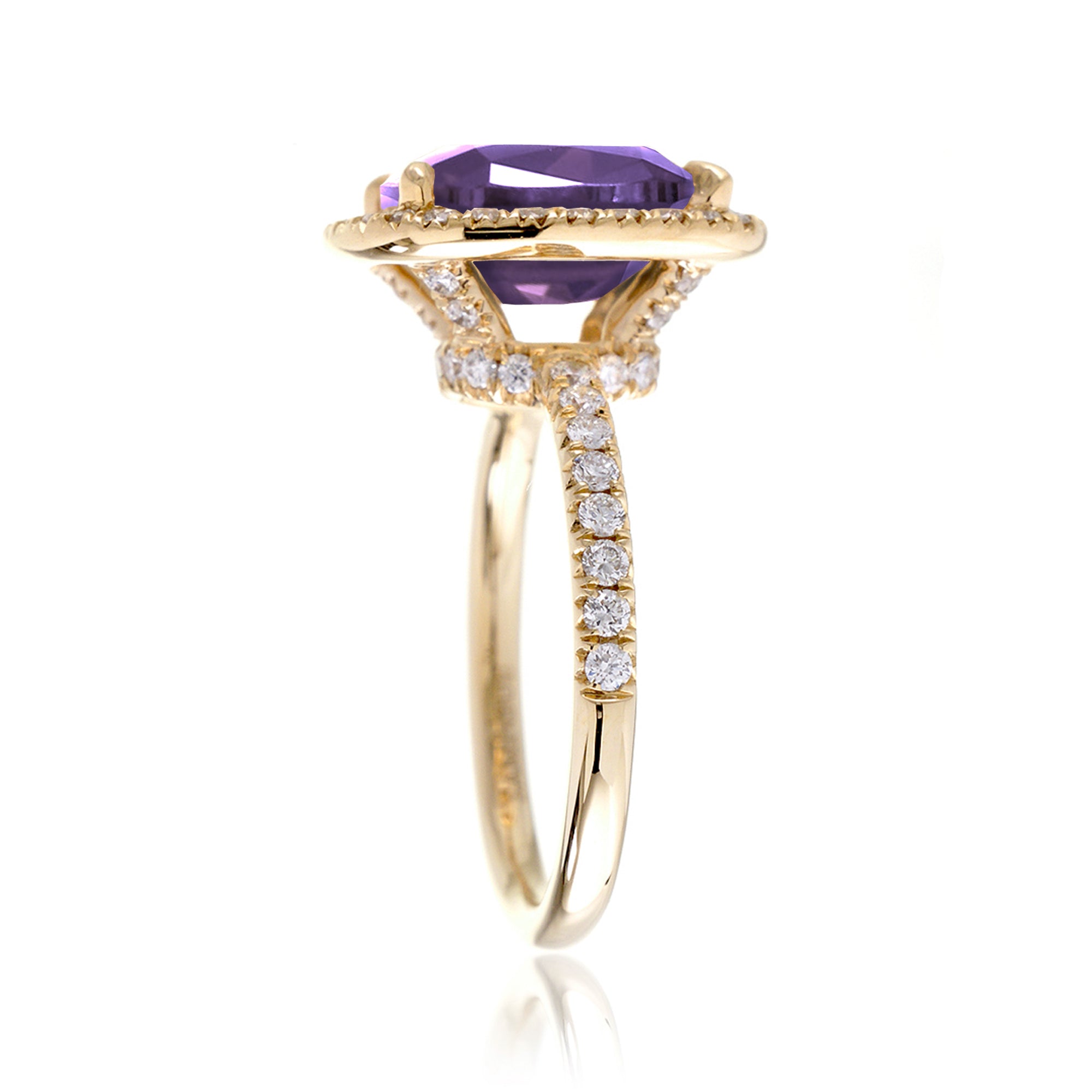 Purple sapphire amethyst diamond ring the Drenched yellow gold profile view