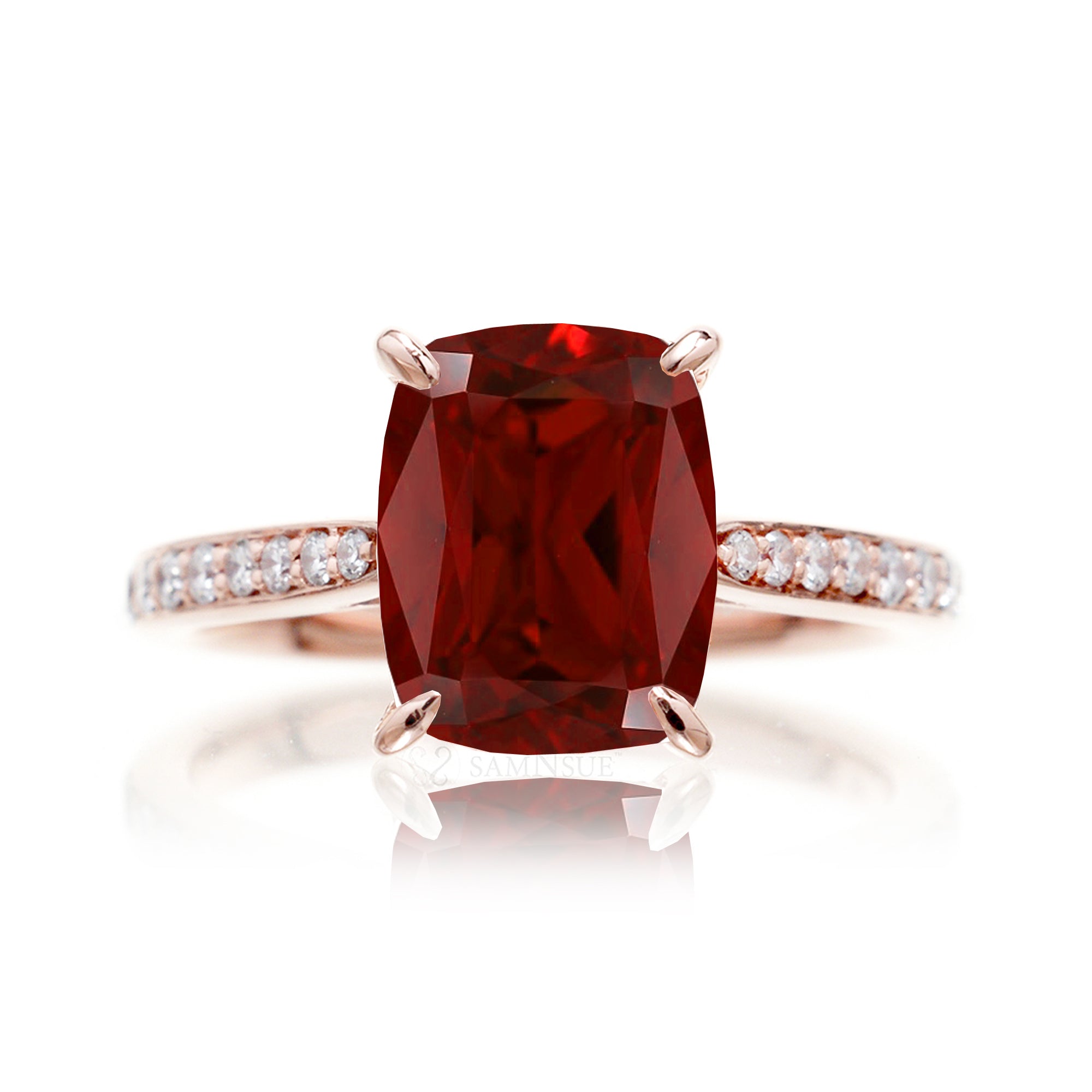 Cushion ruby diamond band engagement ring in rose gold