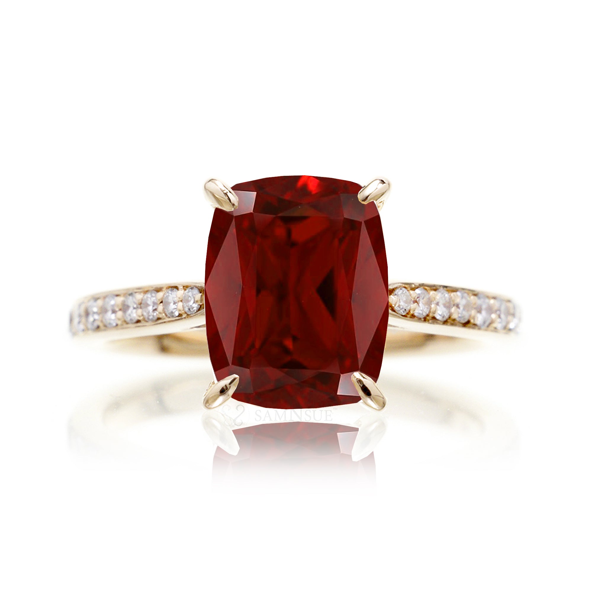 Cushion ruby diamond band engagement ring in yellow gold