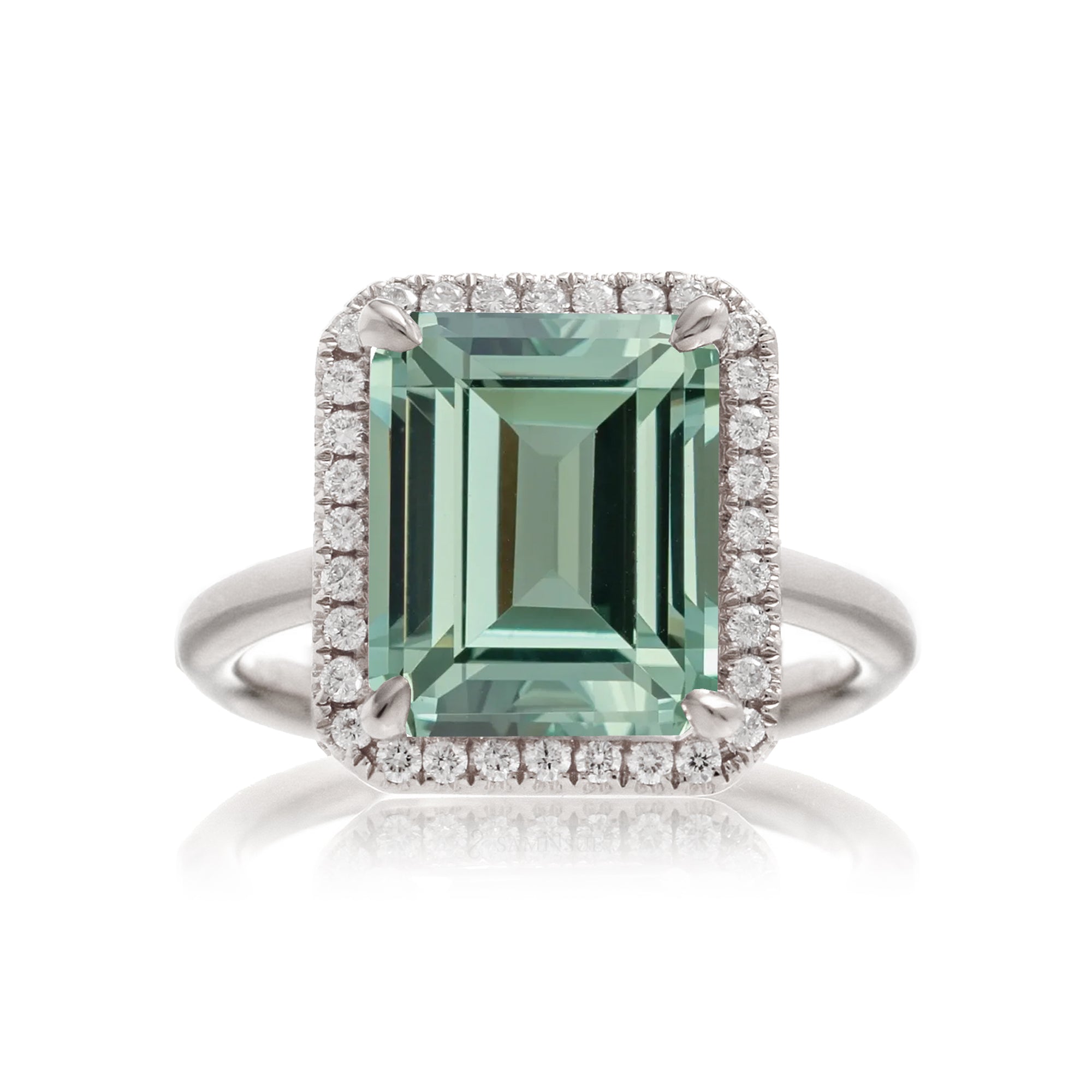 Green sapphire ring emerald cut the Drenched white gold solid band