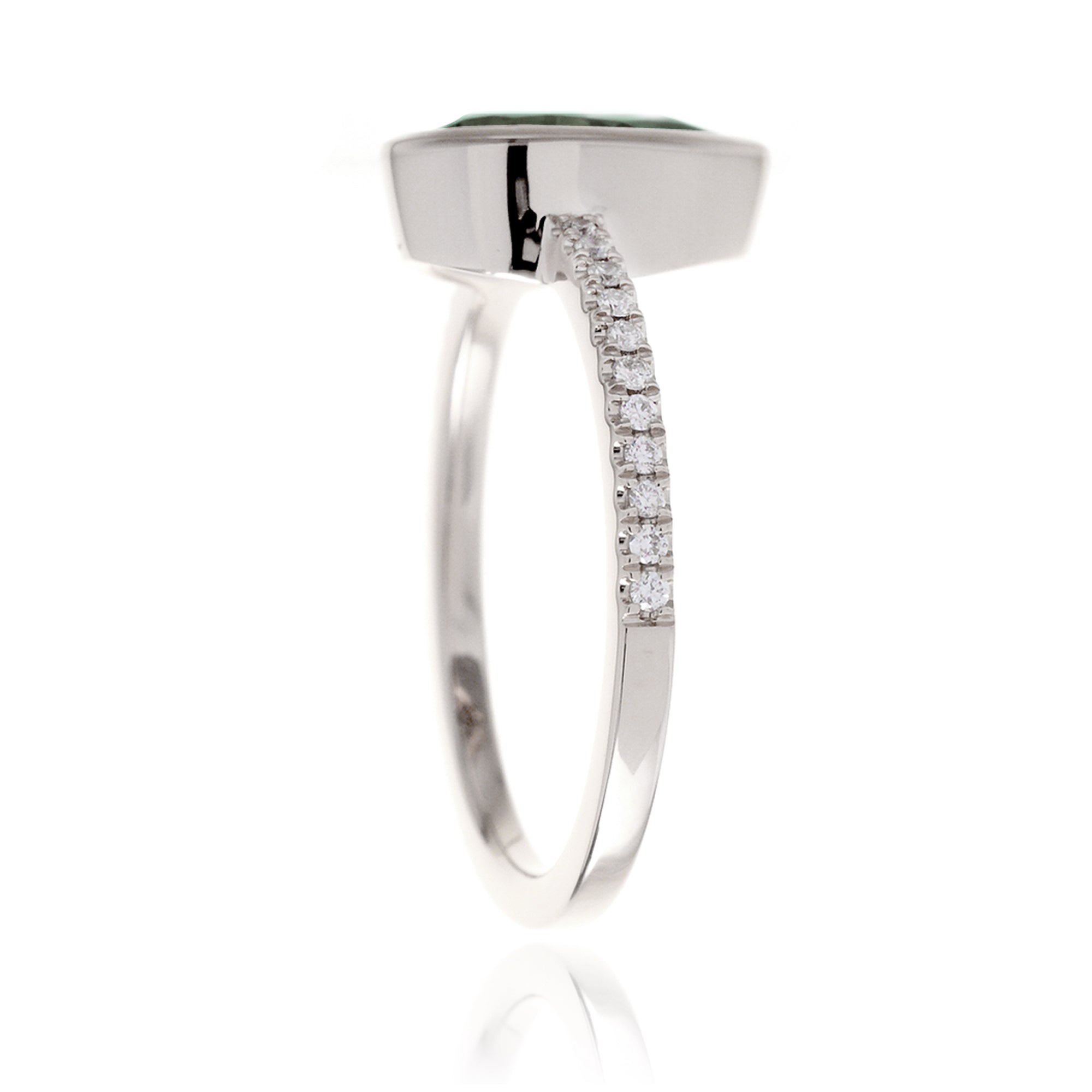 Pear green sapphire bezel set ring The Beverly white gold