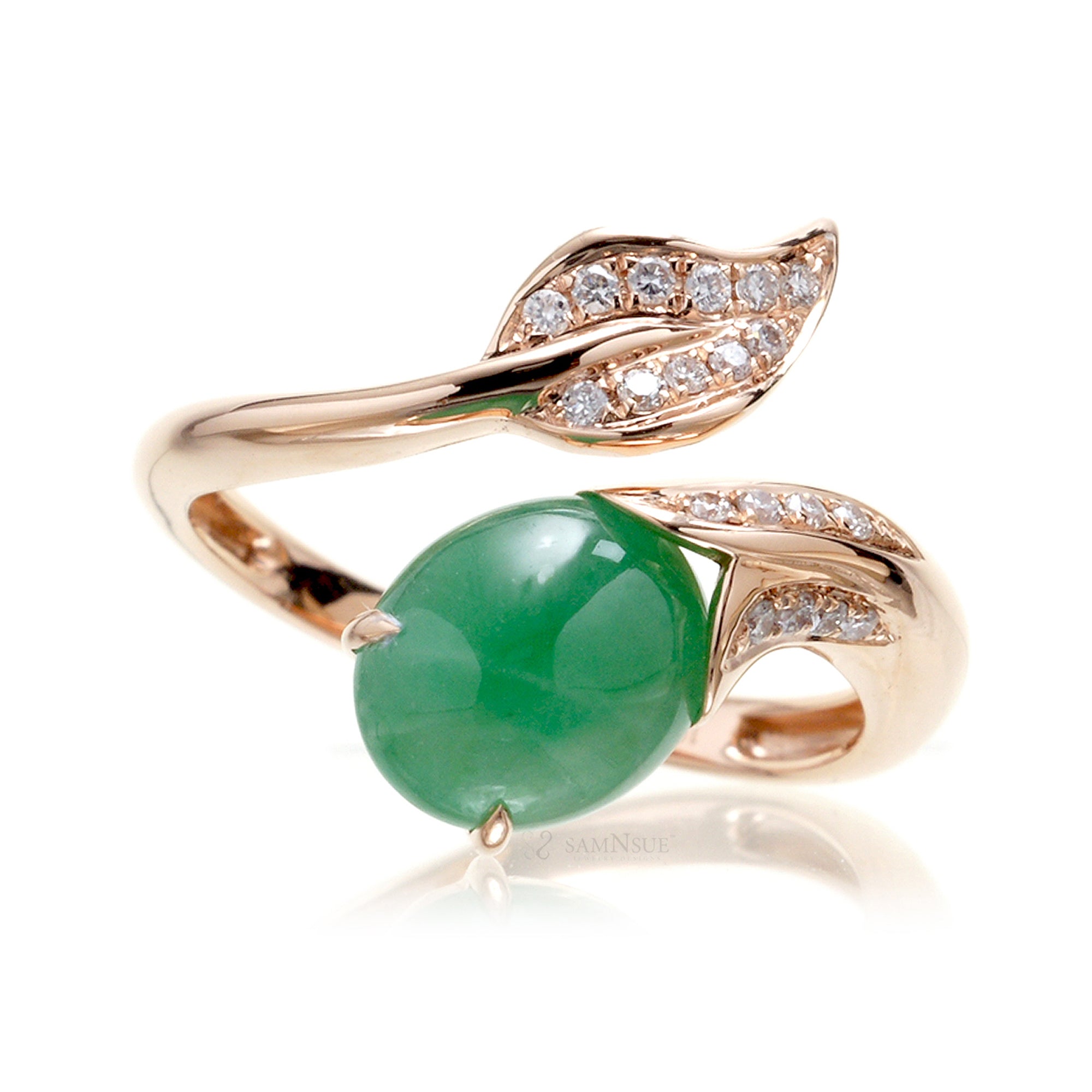 Cabochon jade and diamond leaf open ring in rose gold