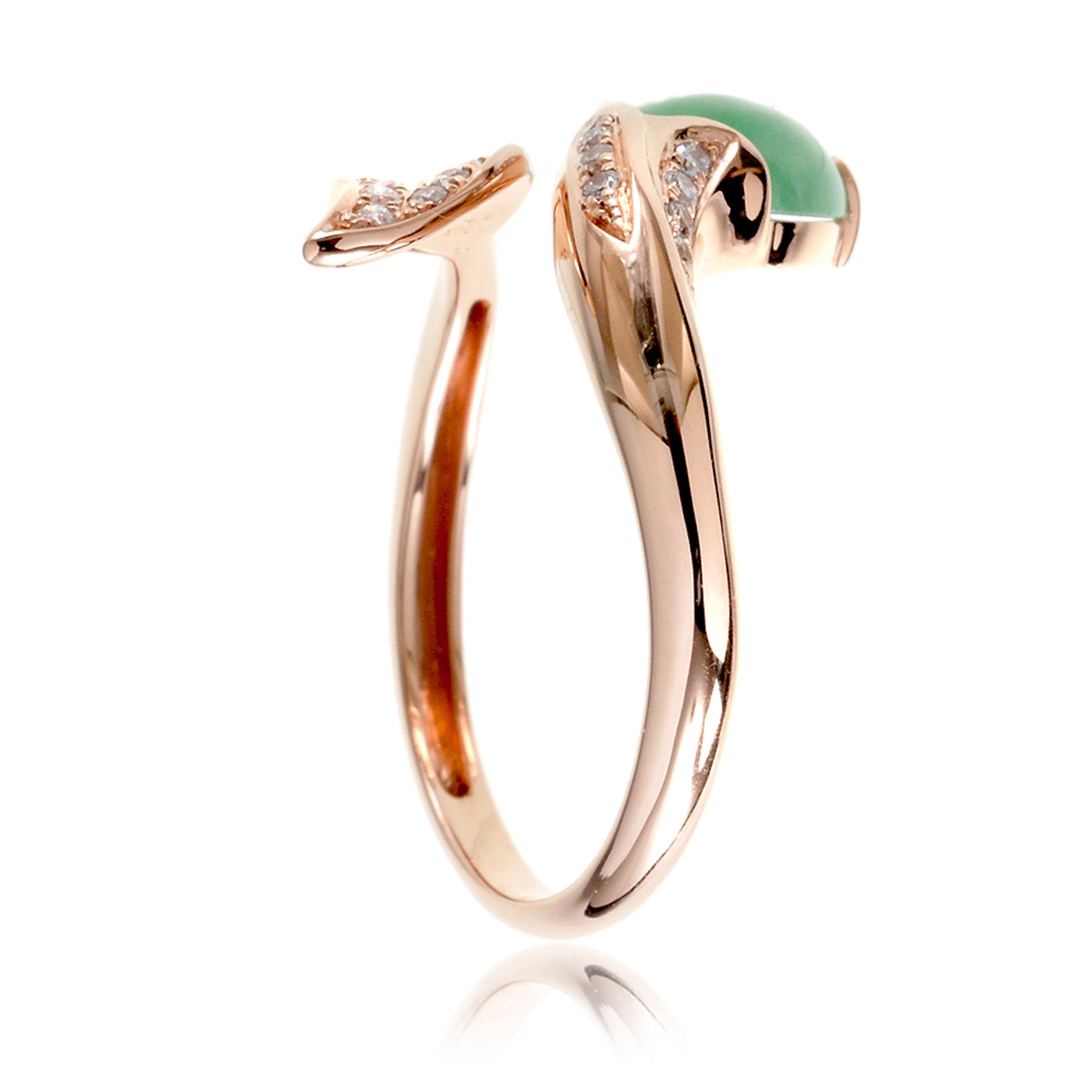 Cabochon jade and diamond leaf open ring in rose gold